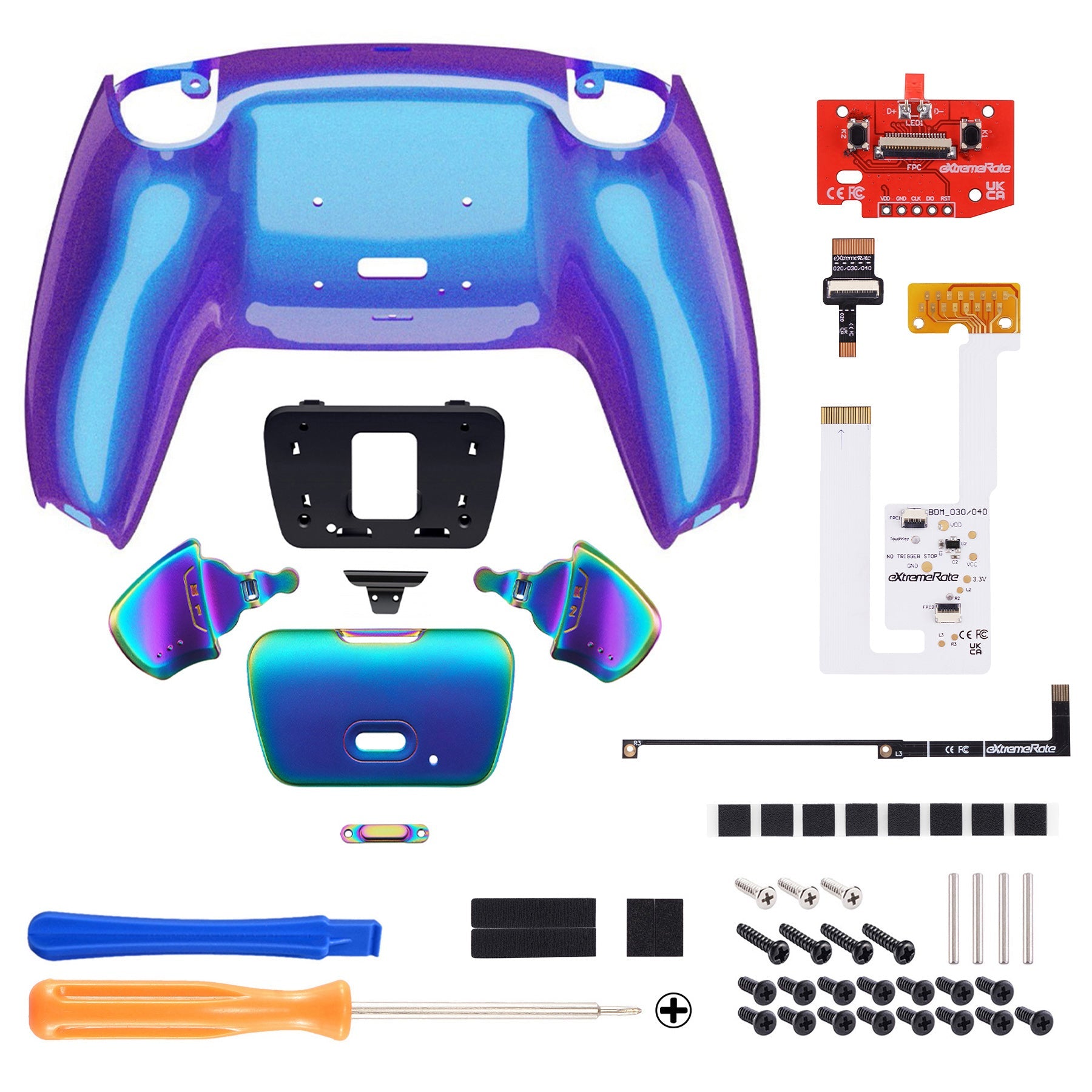 eXtremeRate Rainbow Aura Blue & Purple Real Metal Buttons (RMB) Version RISE V3 Remap Kit for PS5 Controller BDM-030/040/050 - Chameleon Purple Blue eXtremeRate