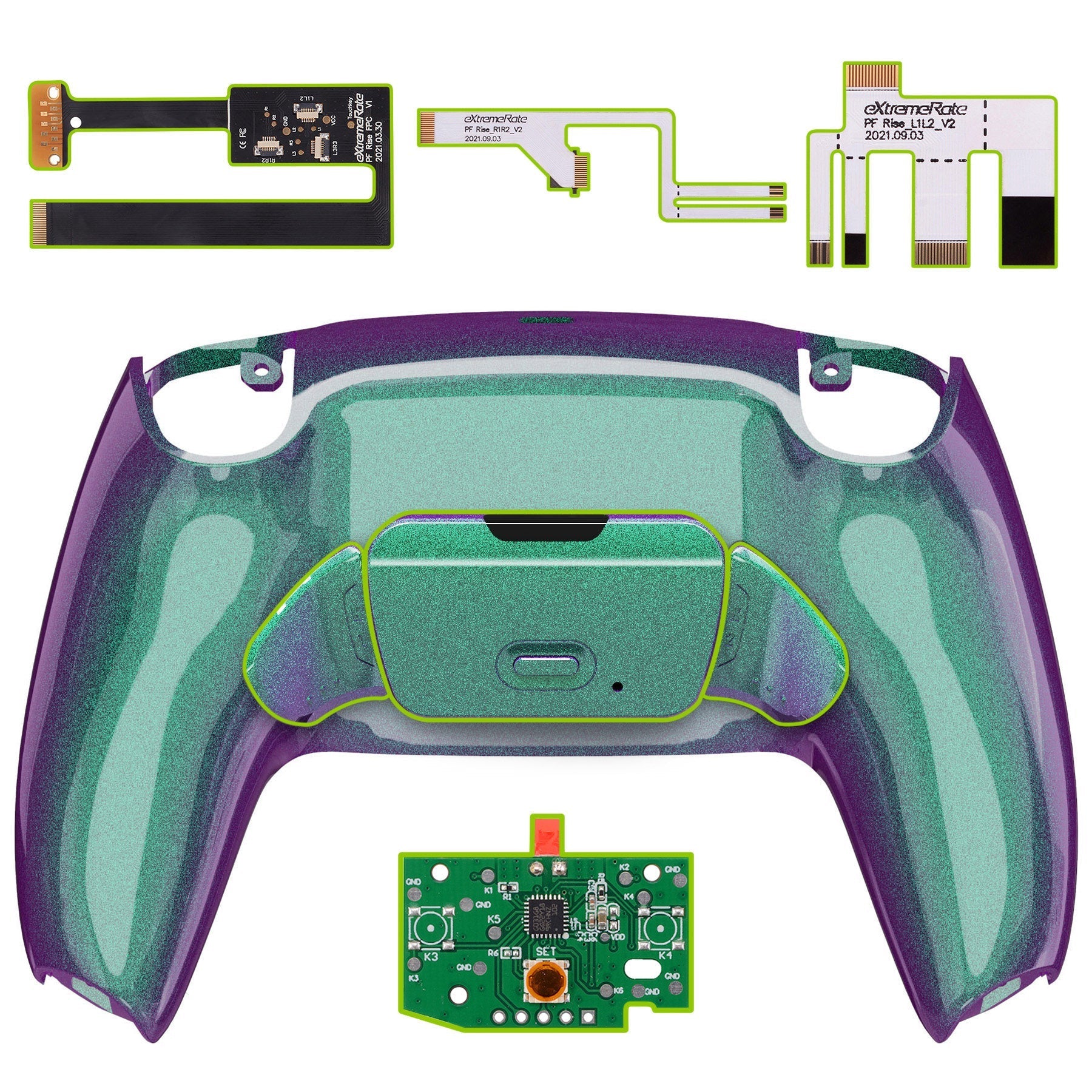 eXtremeRate Remappable Rise 2.0 Remap Kit for PS5 Controller BDM-010 & BDM-020 - Chameleon Green Purple eXtremeRate
