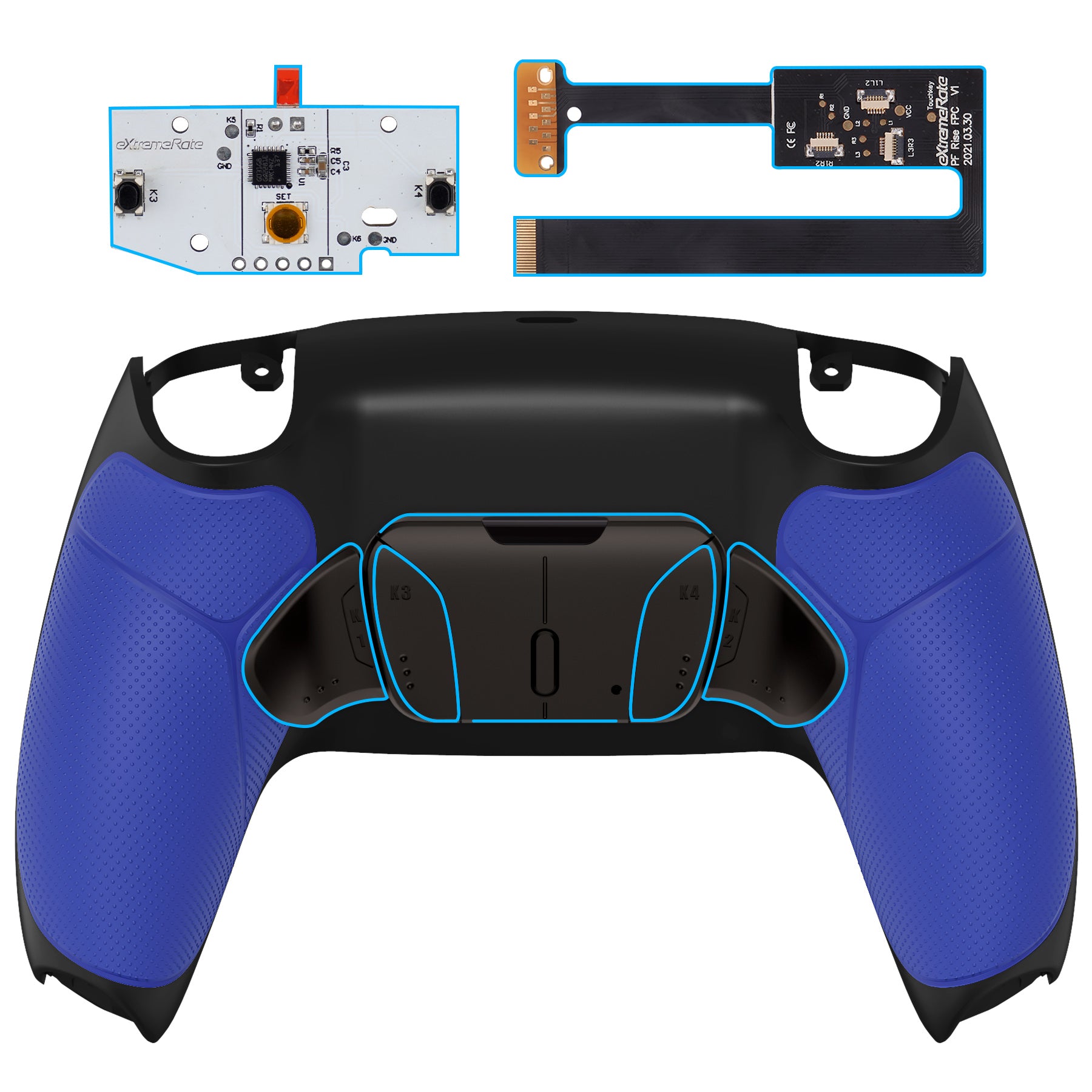 eXtremeRate Black Real Metal Buttons (RMB) Version RISE4 Remap Kit for PS5 Controller BDM-010/020 - Rubberized Blue eXtremeRate