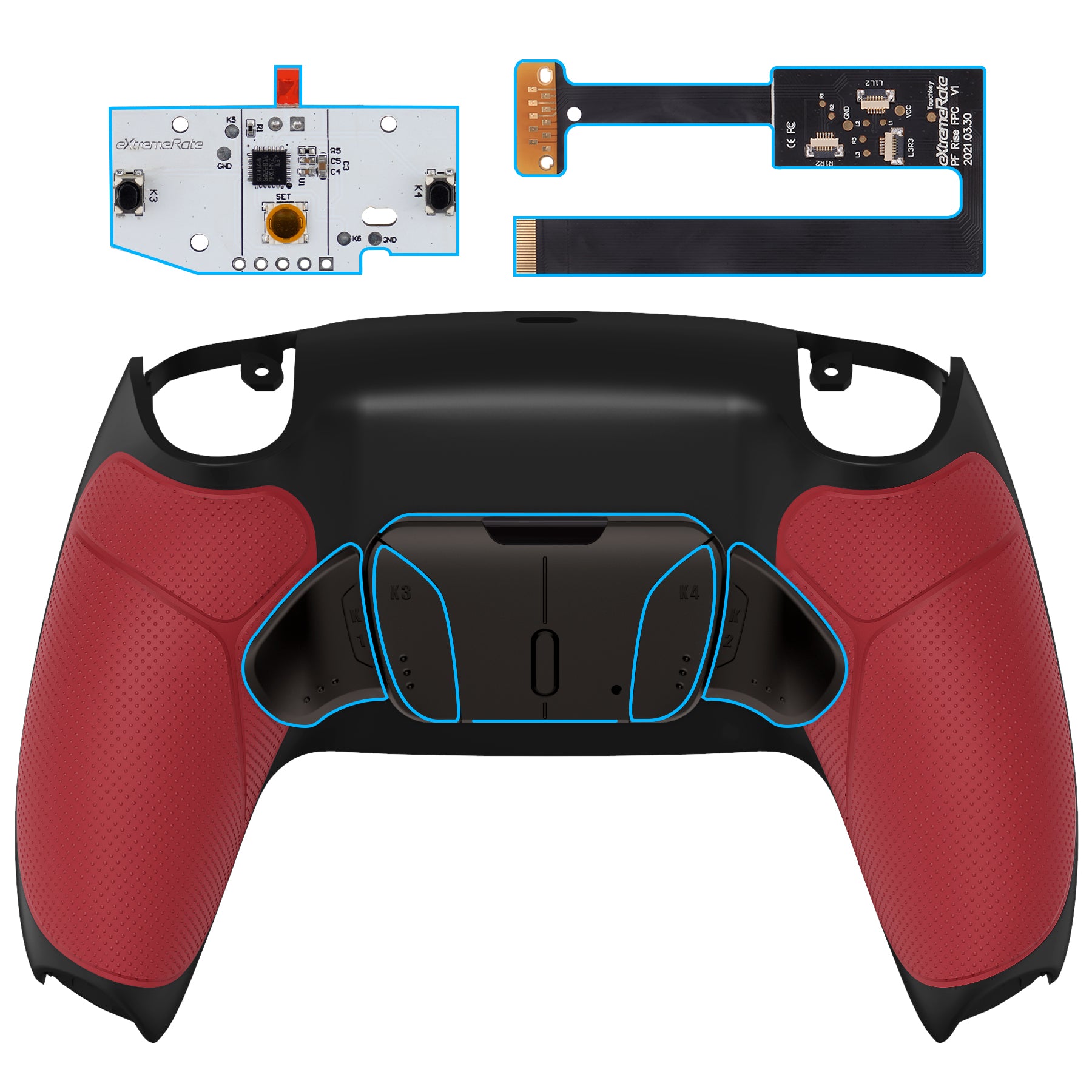 eXtremeRate Black Real Metal Buttons (RMB) Version RISE4 Remap Kit for PS5 Controller BDM-010/020 - Rubberized Red eXtremeRate