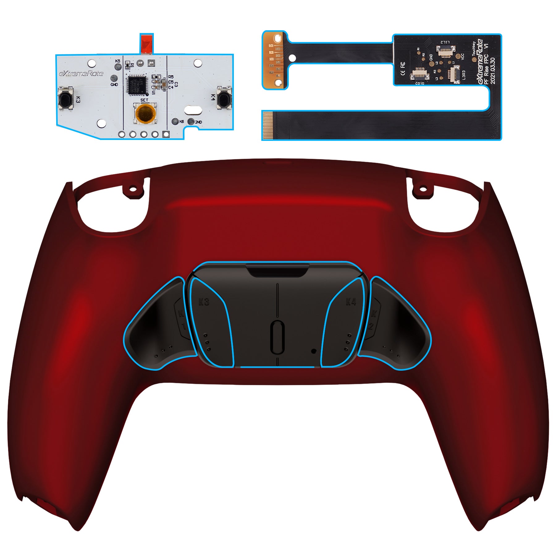 eXtremeRate Black Real Metal Buttons (RMB) Version RISE4 Remap Kit for PS5 Controller BDM-010/020 - Scarlet Red eXtremeRate