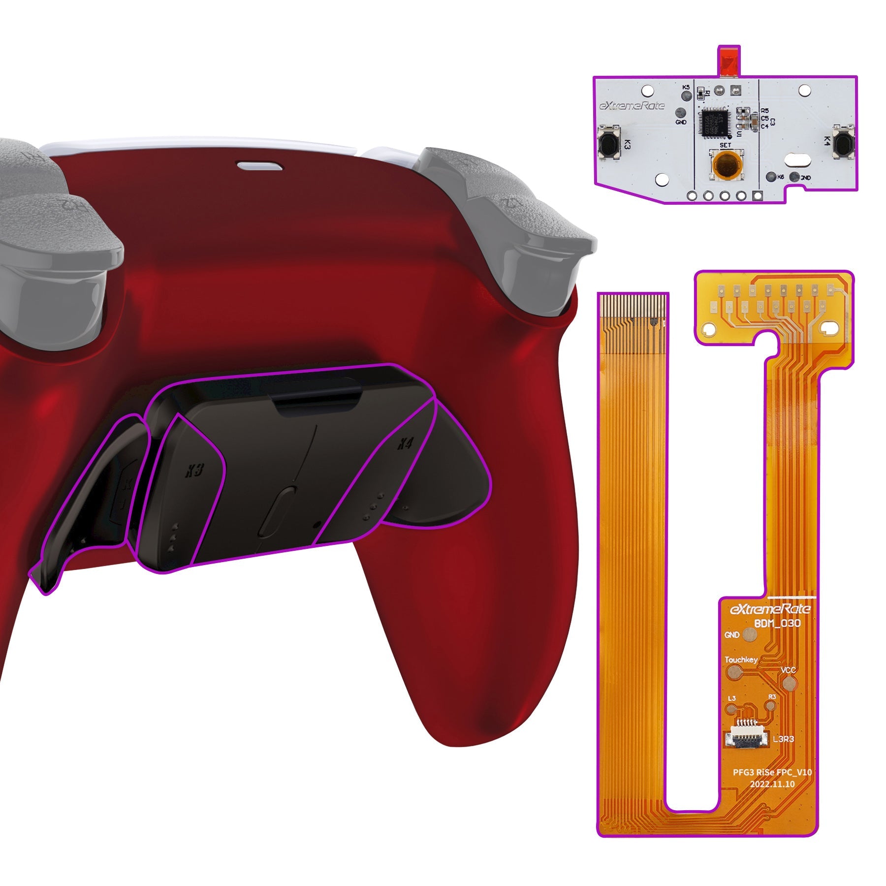 eXtremeRate Black Real Metal Buttons (RMB) Version RISE4 Remap Kit for PS5 Controller BDM-030/040/050 - Scarlet Red eXtremeRate