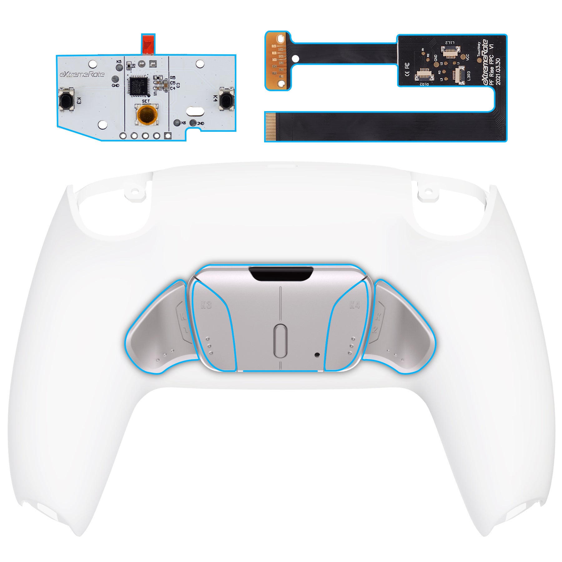 eXtremeRate Silver Real Metal Buttons (RMB) Version RISE4 Remap Kit for PS5 Controller BDM-010/020 - White eXtremeRate
