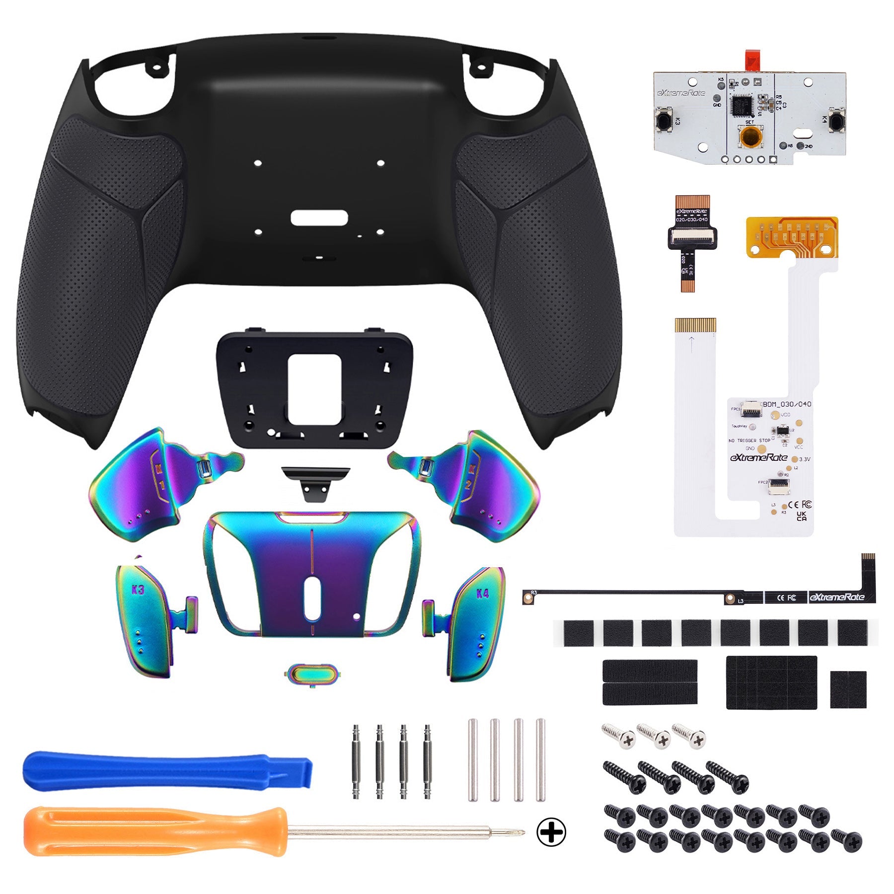 eXtremeRate Rainbow Aura Blue & Purple Real Metal Buttons (RMB) Version RISE4 V3 Remap Kit for PS5 Controller BDM-030/040/050 - Rubberized Black eXtremeRate