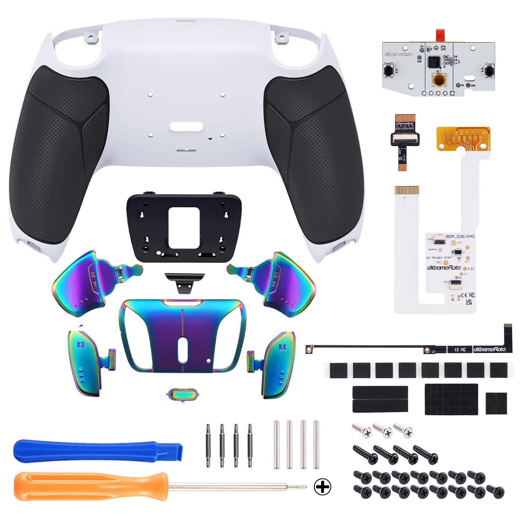 eXtremeRate Rainbow Aura Blue & Purple Real Metal Buttons (RMB) Version RISE4 V3 Remap Kit for PS5 Controller BDM-030/040/050 - Rubberized White Black eXtremeRate