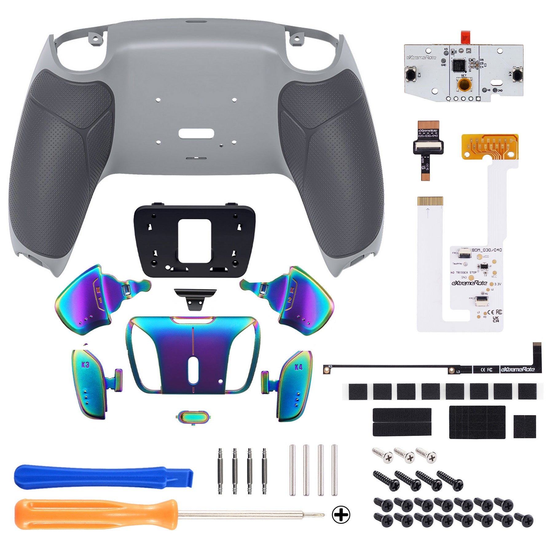 eXtremeRate Rainbow Aura Blue & Purple Real Metal Buttons (RMB) Version RISE4 V3 Remap Kit for PS5 Controller BDM-030/040/050 - Rubberized New Hope Gray & Classic Gray eXtremeRate