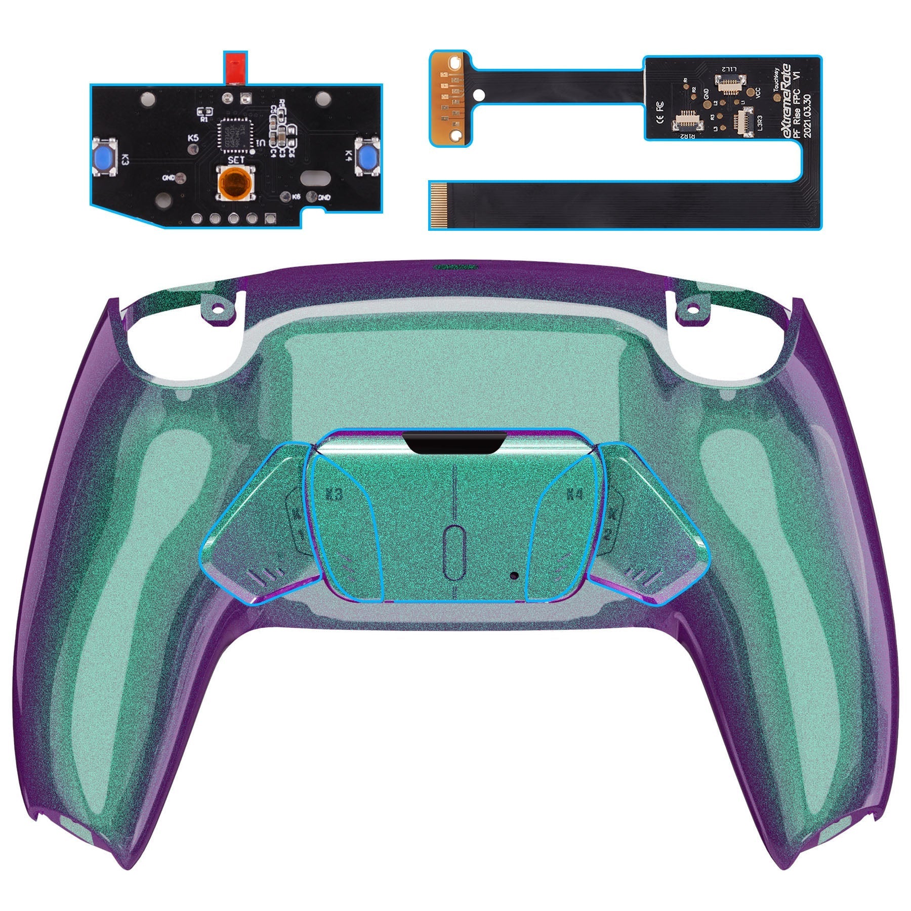 eXtremeRate Remappable RISE4 Remap Kit for PS5 Controller BDM-010/020 - Chameleon Green Purple eXtremeRate