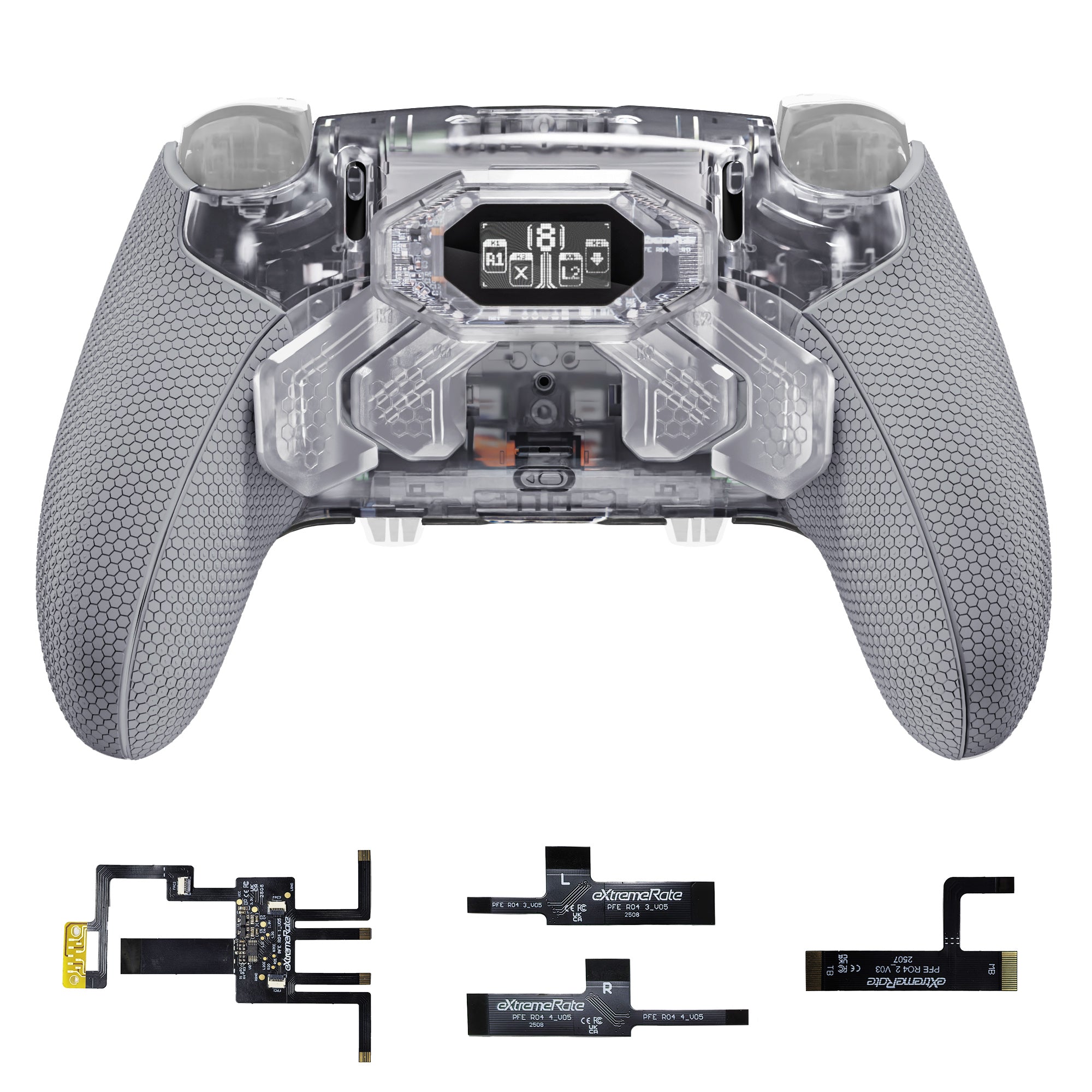 eXtremeRate BEYOND Back Paddles Kit with OLED Display & Redesigned Ergonomic Grips for PS5 Edge Controller - Rubberized Clear & Gray eXtremeRate