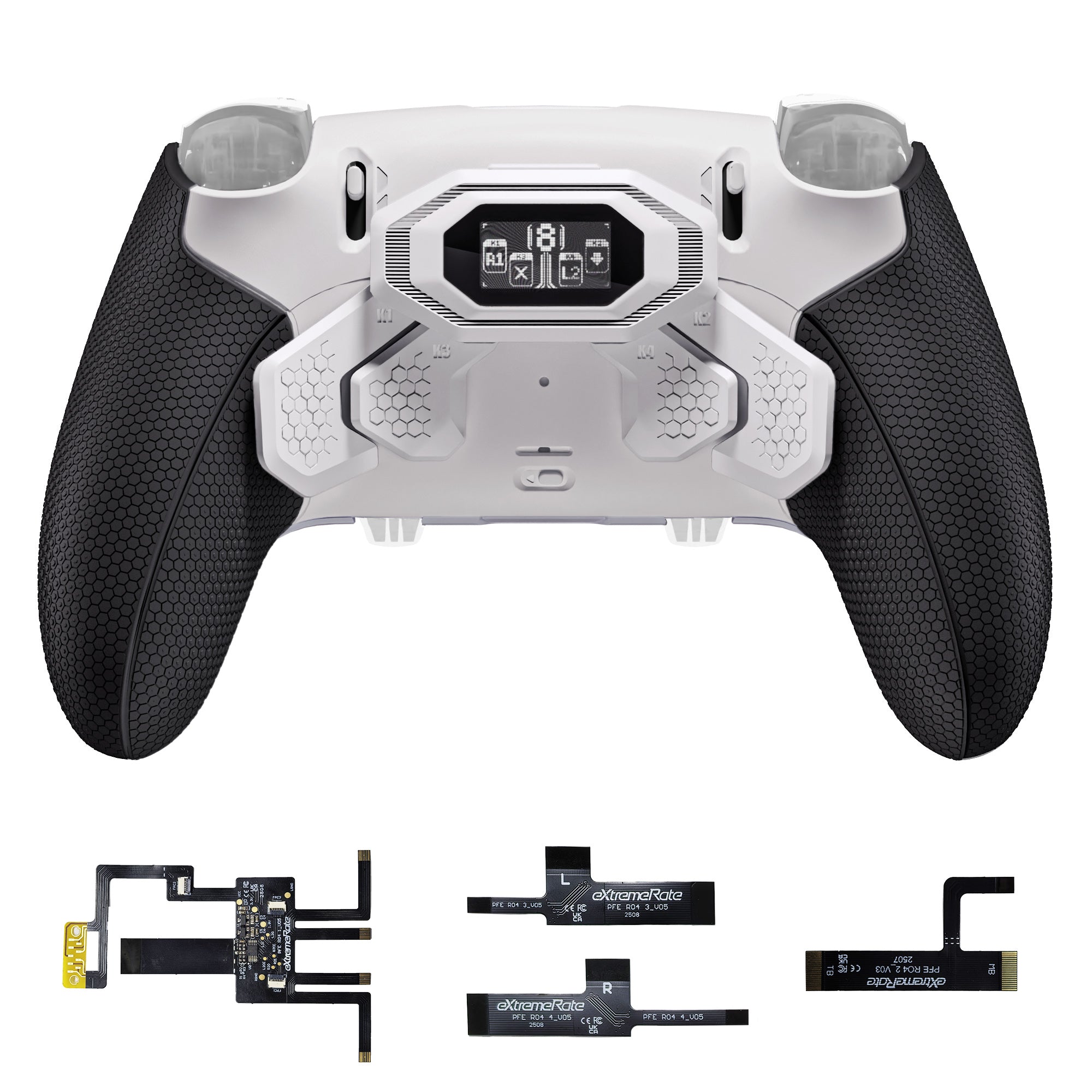 eXtremeRate BEYOND Back Paddles Kit with OLED Display & Redesigned Ergonomic Grips for PS5 Edge Controller - Rubberized White & Black eXtremeRate