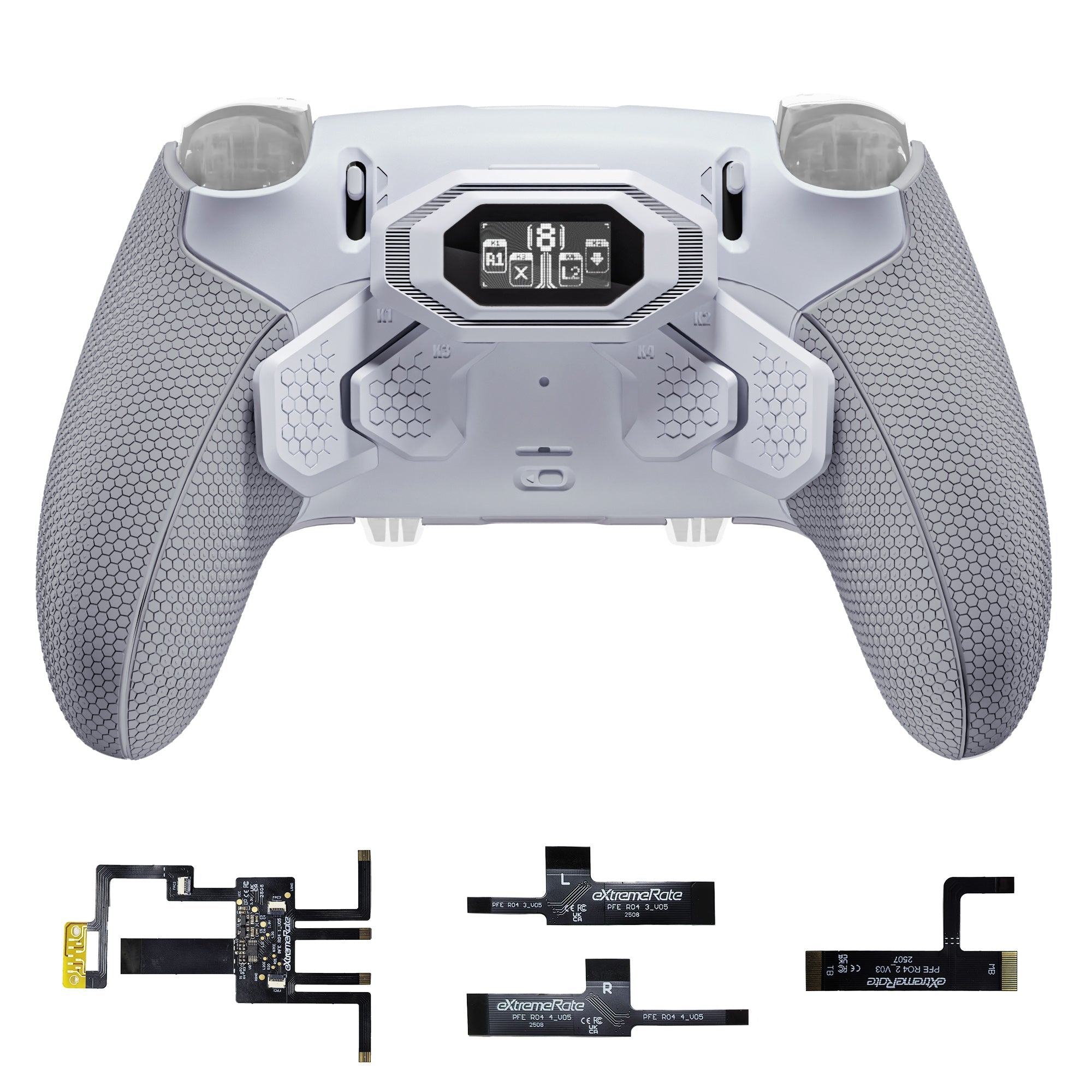eXtremeRate BEYOND Back Paddles Kit with OLED Display & Redesigned Ergonomic Grips for PS5 Edge Controller - Rubberized White & Gray eXtremeRate