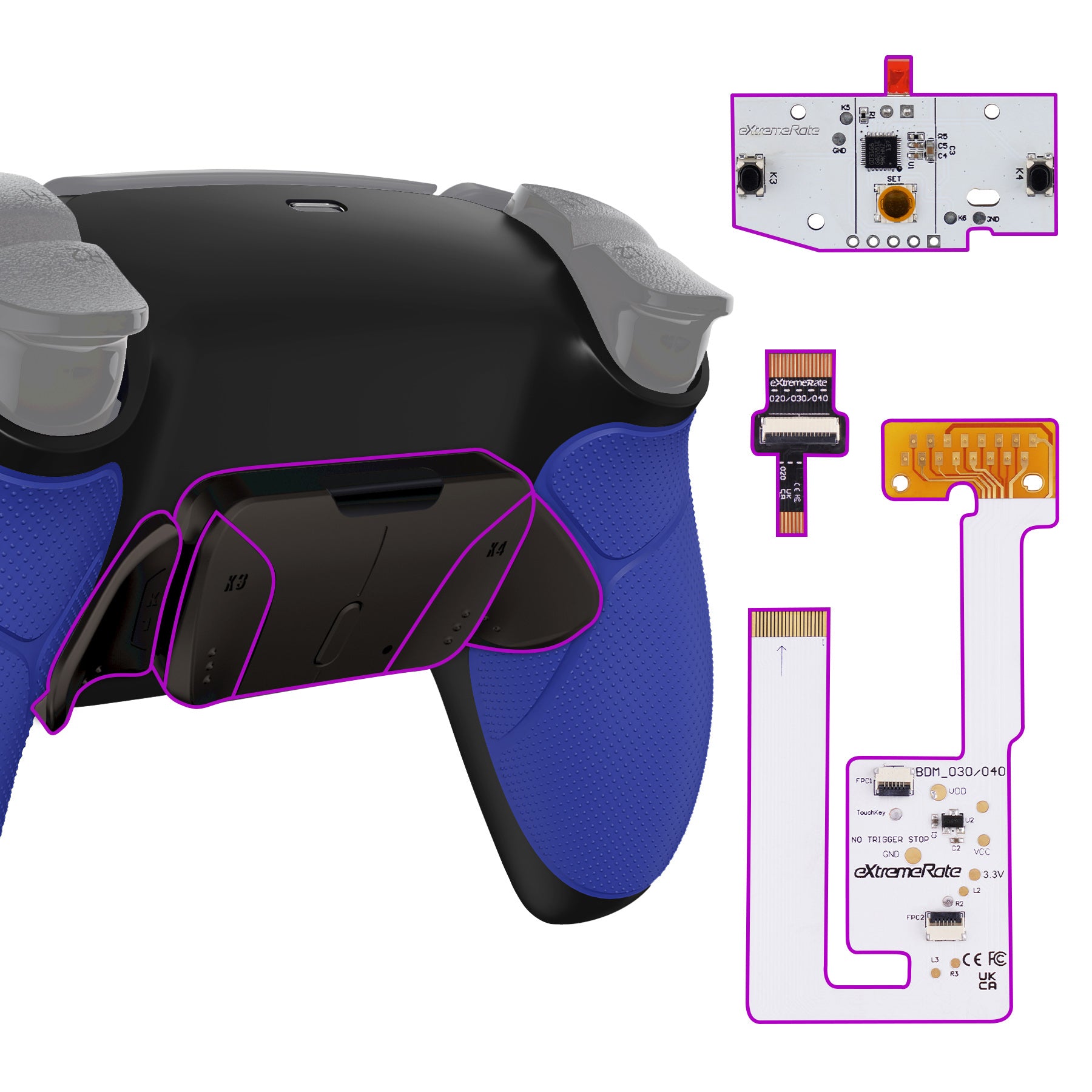 eXtremeRate Black Real Metal Buttons (RMB) Version RISE4 V3 Remap Kit for PS5 Controller BDM-030/040/050 - Rubberized Blue eXtremeRate