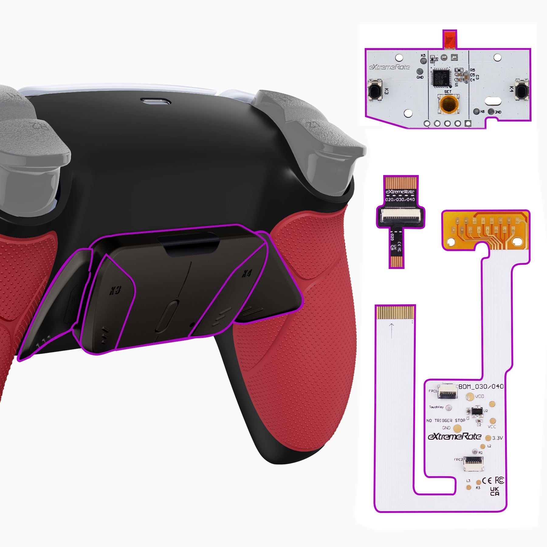 eXtremeRate Black Real Metal Buttons (RMB) Version RISE4 V3 Remap Kit for PS5 Controller BDM-030/040/050 - Rubberized Red eXtremeRate