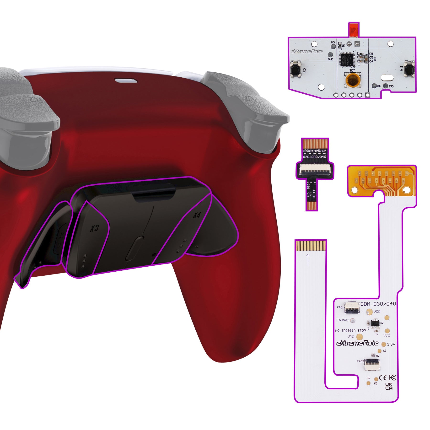 eXtremeRate Black Real Metal Buttons (RMB) Version RISE4 V3 Remap Kit for PS5 Controller BDM-030/040/050 - Scarlet Red eXtremeRate