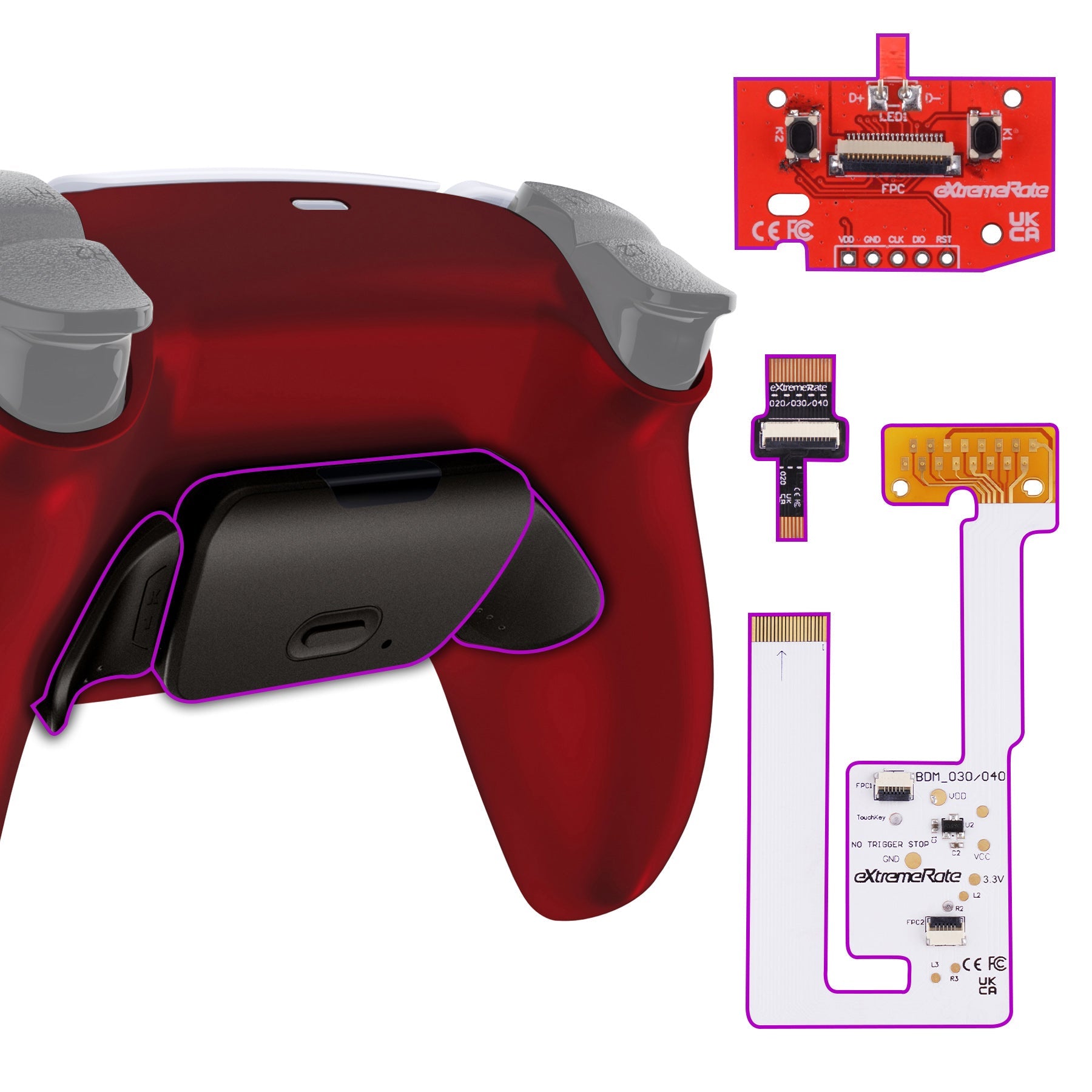 eXtremeRate Black Real Metal Buttons (RMB) Version RISE V3 Remap Kit for PS5 Controller BDM-030/040/050 - Scarlet Red eXtremeRate