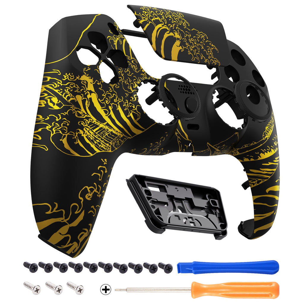 eXtremeRate LUNA Redesigned Replacement Front Shell with Touchpad Compatible with PS5 Controller BDM-010/020/030/040/050/060 - The Great GOLDEN Wave Off Kanagawa - Black eXtremeRate