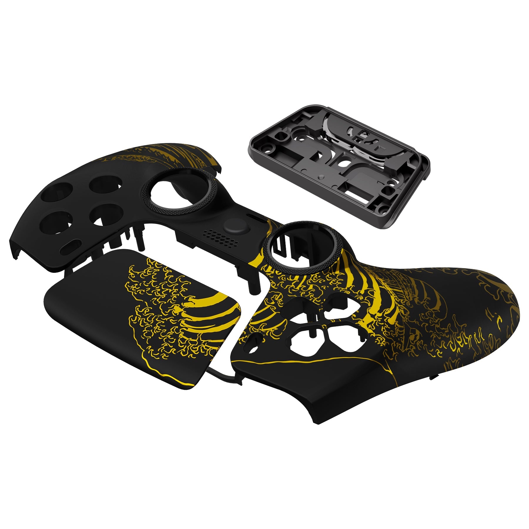 eXtremeRate LUNA Redesigned Replacement Front Shell with Touchpad Compatible with PS5 Controller BDM-010/020/030/040/050/060 - The Great GOLDEN Wave Off Kanagawa - Black eXtremeRate