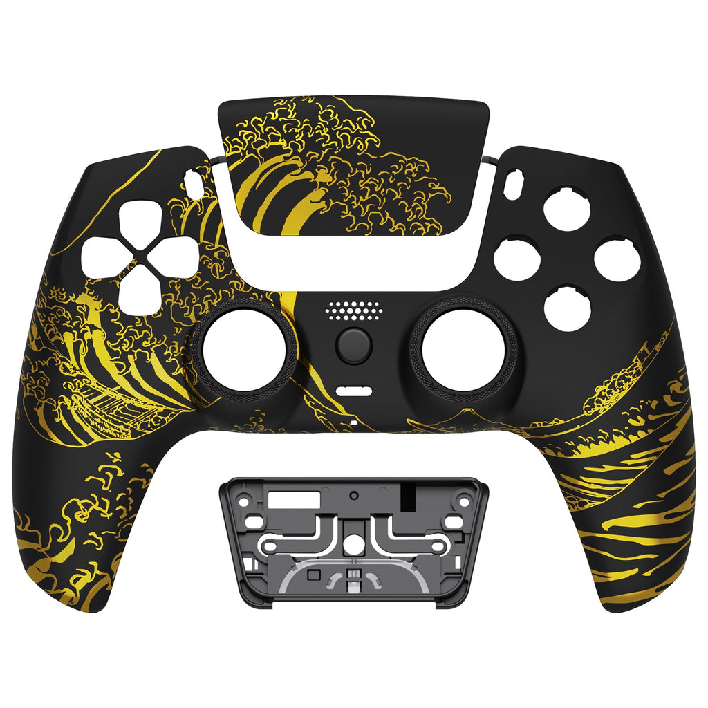 eXtremeRate LUNA Redesigned Replacement Front Shell with Touchpad Compatible with PS5 Controller BDM-010/020/030/040/050/060 - The Great GOLDEN Wave Off Kanagawa - Black eXtremeRate