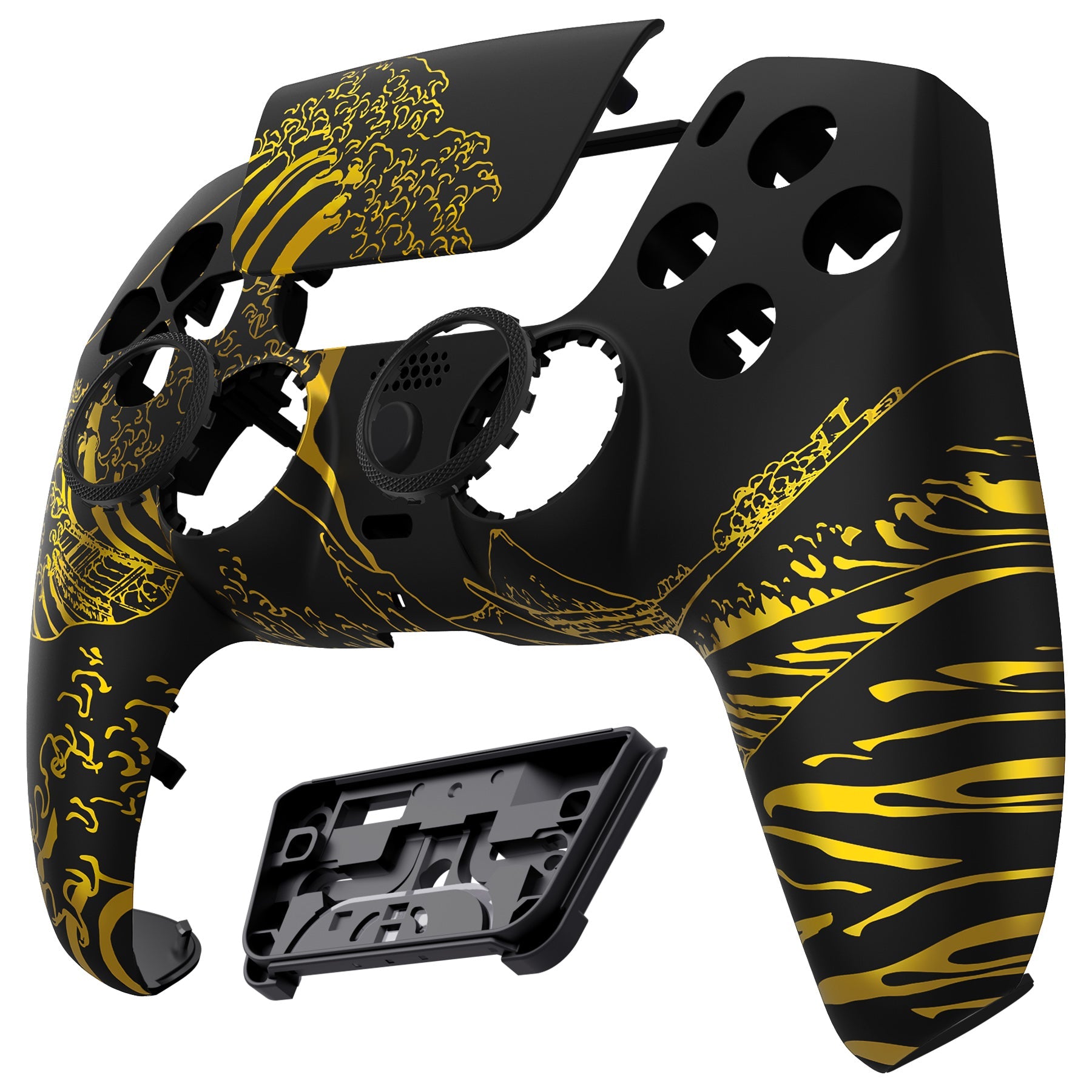 eXtremeRate LUNA Redesigned Replacement Front Shell with Touchpad Compatible with PS5 Controller BDM-010/020/030/040/050/060 - The Great GOLDEN Wave Off Kanagawa - Black eXtremeRate