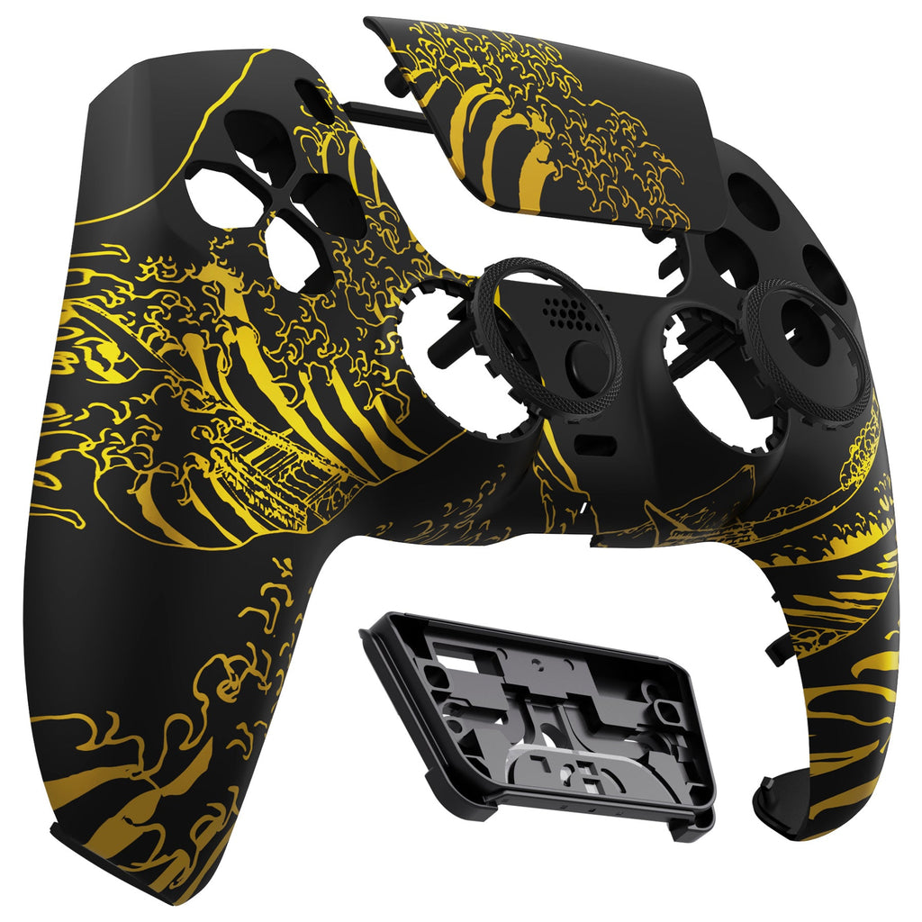 eXtremeRate LUNA Redesigned Replacement Front Shell with Touchpad Compatible with PS5 Controller BDM-010/020/030/040/050/060 - The Great GOLDEN Wave Off Kanagawa - Black eXtremeRate