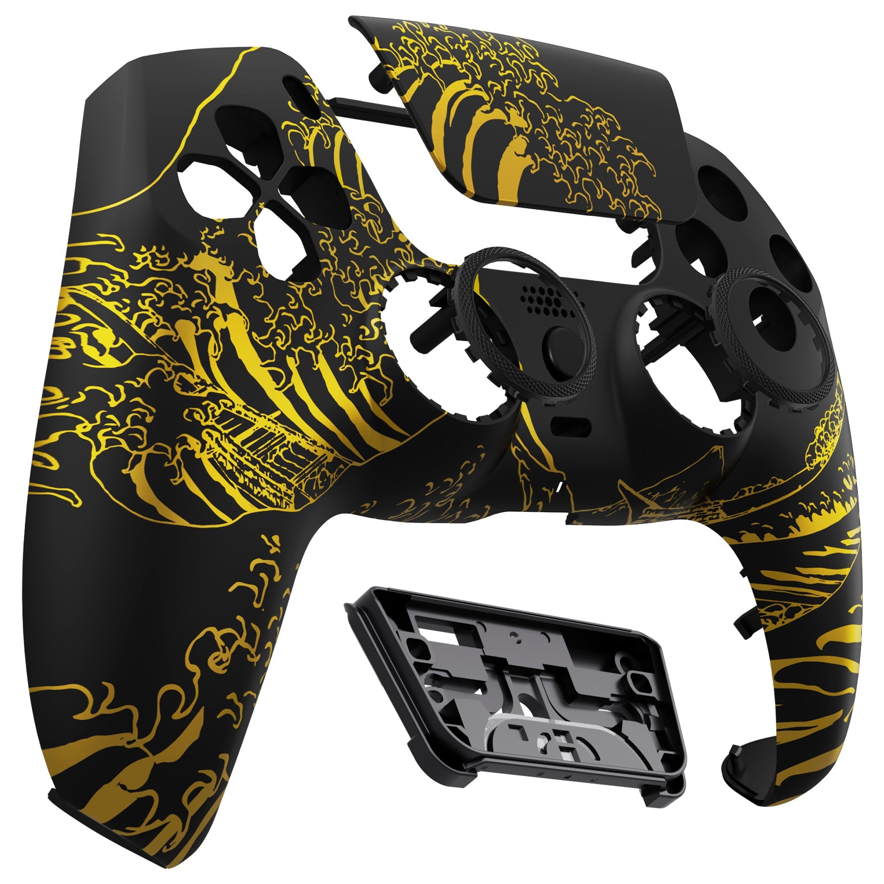 eXtremeRate LUNA Redesigned Replacement Front Shell with Touchpad Compatible with PS5 Controller BDM-010/020/030/040/050/060 - The Great GOLDEN Wave Off Kanagawa - Black eXtremeRate