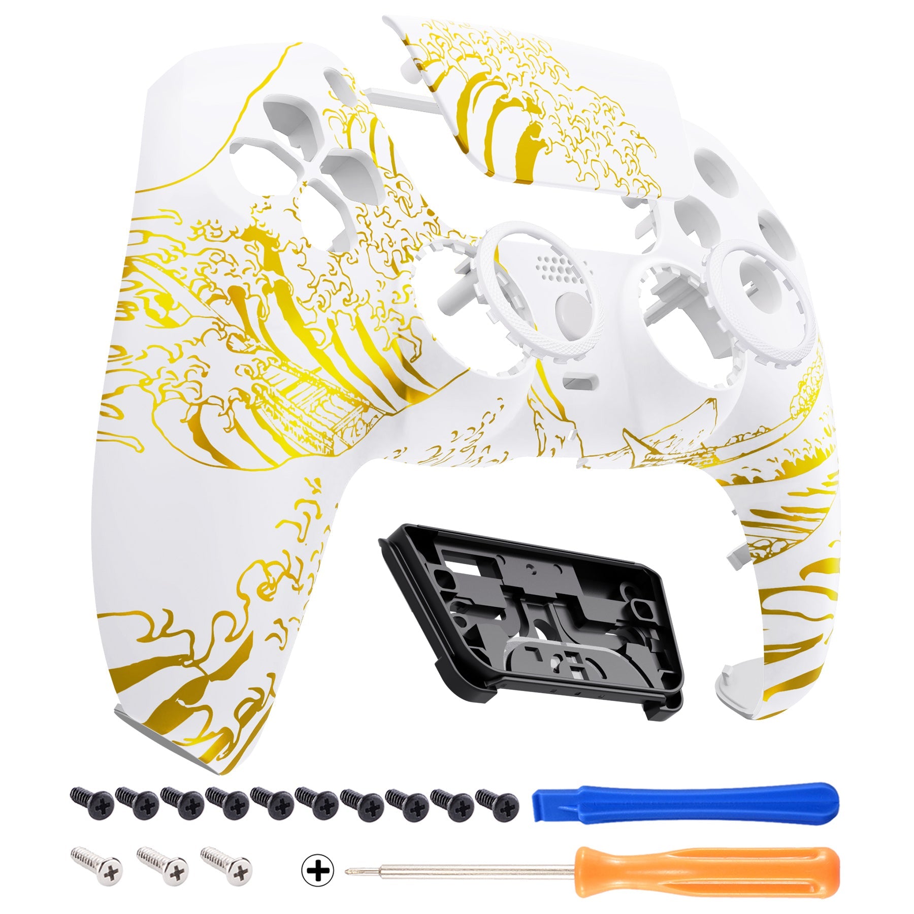 eXtremeRate LUNA Redesigned Replacement Front Shell with Touchpad Compatible with PS5 Controller BDM-010/020/030/040/050 - The Great GOLDEN Wave Off Kanagawa - White eXtremeRate