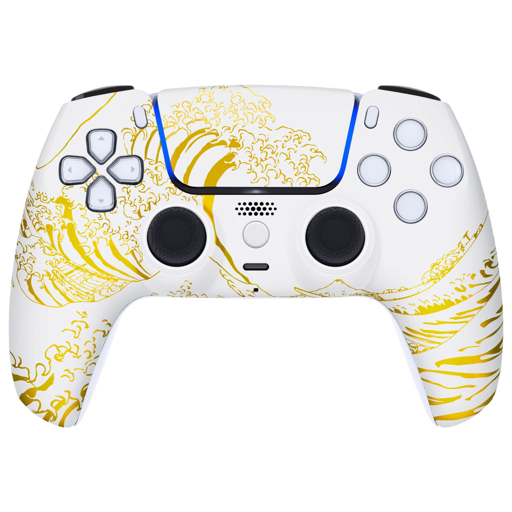 eXtremeRate LUNA Redesigned Replacement Front Shell with Touchpad Compatible with PS5 Controller BDM-010/020/030/040/050 - The Great GOLDEN Wave Off Kanagawa - White eXtremeRate
