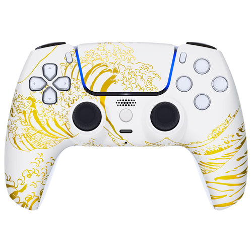 eXtremeRate LUNA Redesigned Replacement Front Shell with Touchpad Compatible with PS5 Controller BDM-010/020/030/040/050 - The Great GOLDEN Wave Off Kanagawa - White eXtremeRate