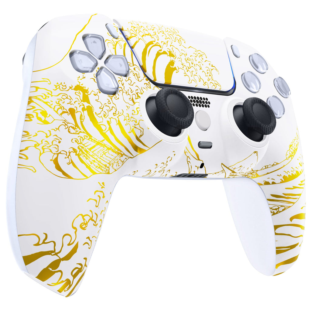 eXtremeRate LUNA Redesigned Replacement Front Shell with Touchpad Compatible with PS5 Controller BDM-010/020/030/040/050 - The Great GOLDEN Wave Off Kanagawa - White eXtremeRate