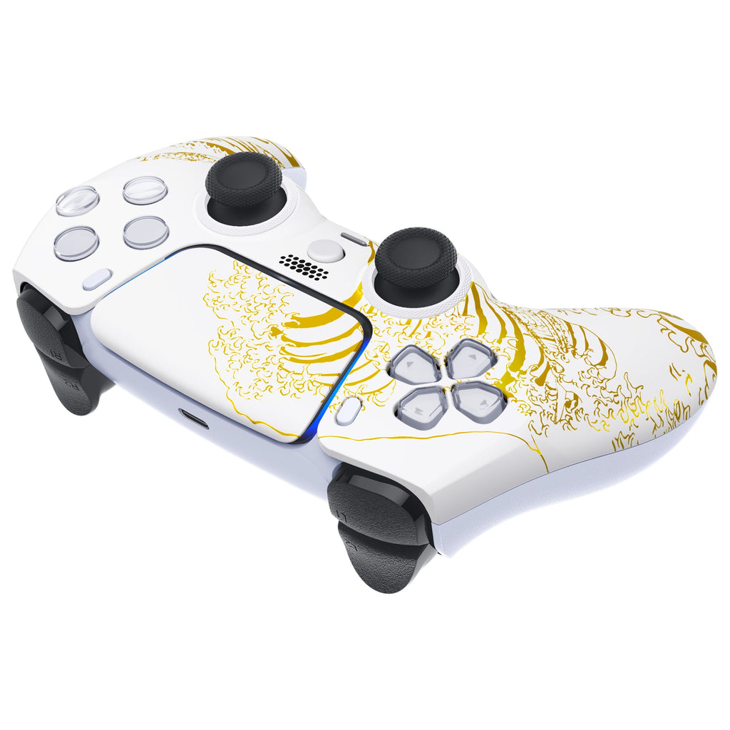 eXtremeRate LUNA Redesigned Replacement Front Shell with Touchpad Compatible with PS5 Controller BDM-010/020/030/040/050 - The Great GOLDEN Wave Off Kanagawa - White eXtremeRate