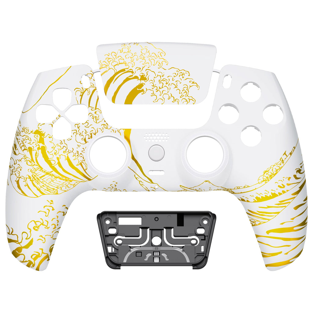 eXtremeRate LUNA Redesigned Replacement Front Shell with Touchpad Compatible with PS5 Controller BDM-010/020/030/040/050 - The Great GOLDEN Wave Off Kanagawa - White eXtremeRate