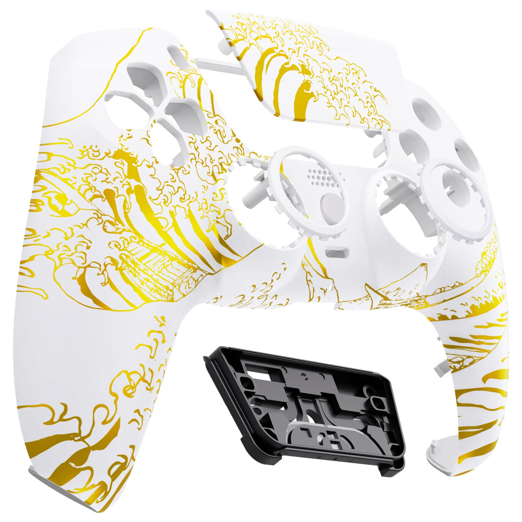 eXtremeRate LUNA Redesigned Replacement Front Shell with Touchpad Compatible with PS5 Controller BDM-010/020/030/040/050 - The Great GOLDEN Wave Off Kanagawa - White eXtremeRate