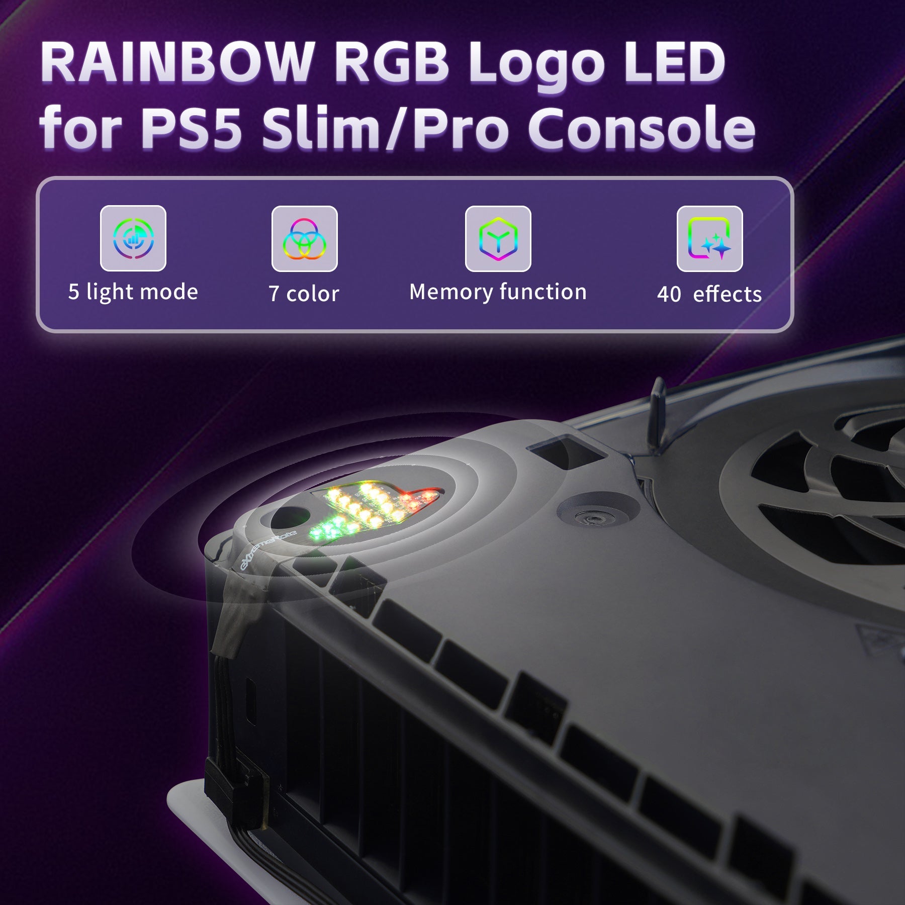 eXtremeRate RGB RAINBOW Logo LED Kit for PS5 Slim/Pro Disc & Digital Console - 7 Colors 40 Effects eXtremeRate