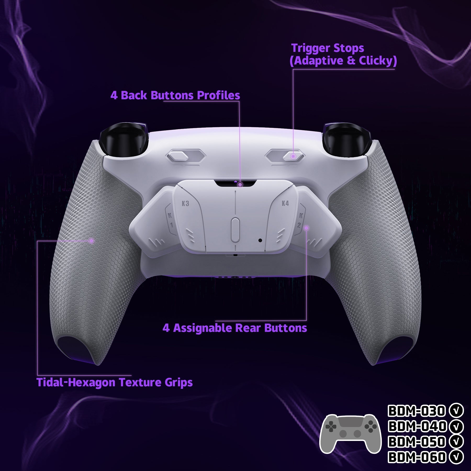 eXtremeRate RISE4 Plus MAX Back Paddles Kit with Clicky Trigger Stops & Rubberized Grip for PS5 Controller BDM-030/040/050/060 - White Gray eXtremeRate
