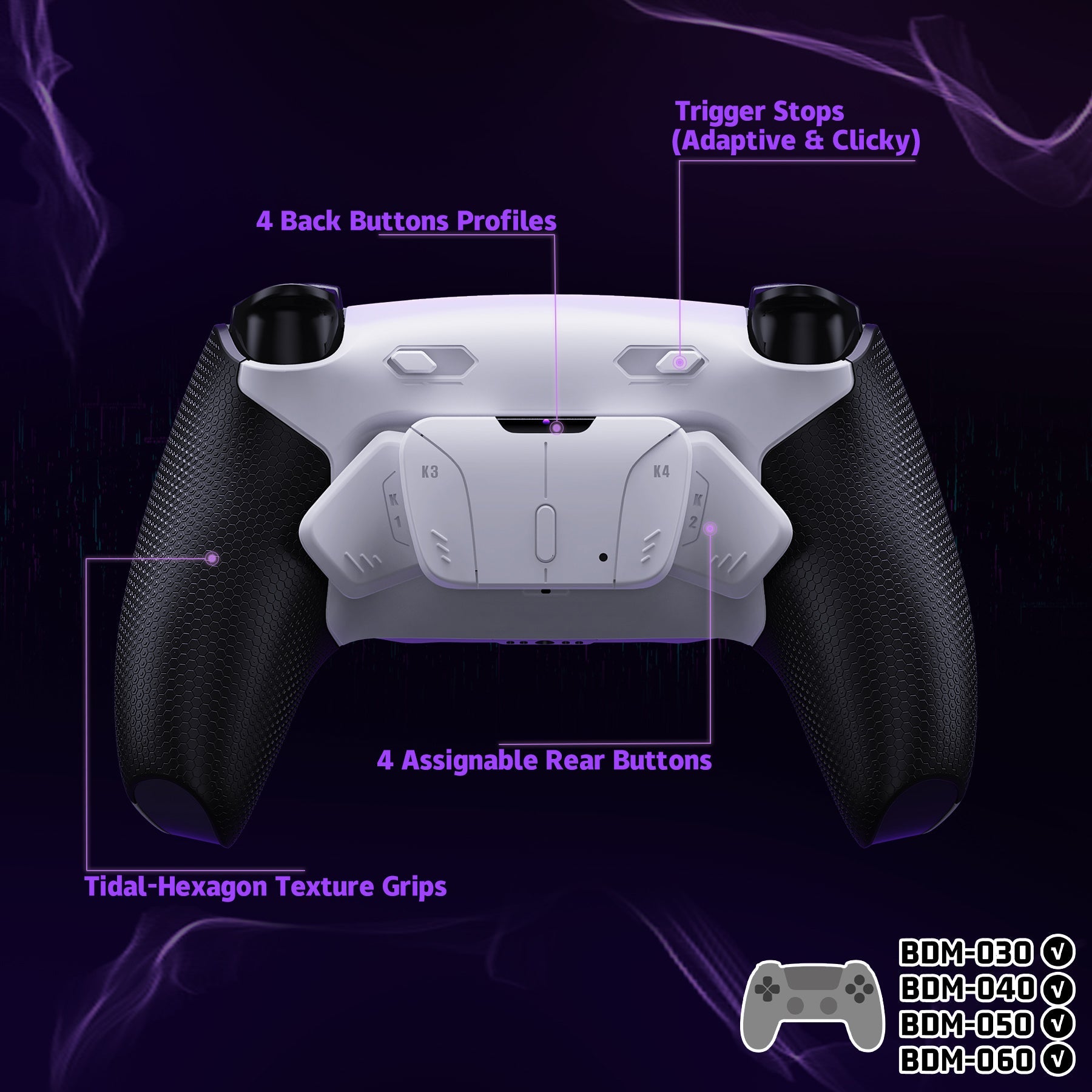 eXtremeRate RISE4 Plus MAX Back Paddles Kit with Clicky Trigger Stops & Rubberized Grip for PS5 Controller BDM-030/040/050/060 - White Black - White eXtremeRate