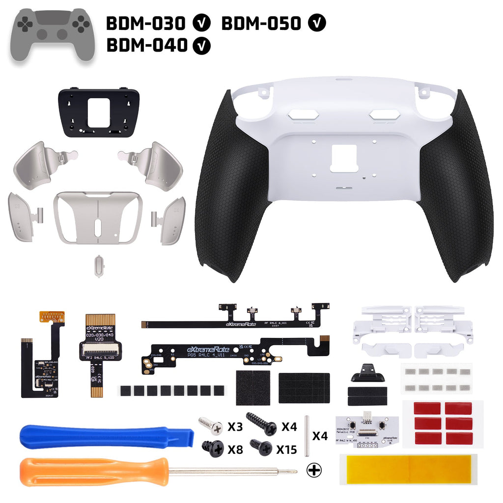 eXtremeRate Real Metal Buttons (RMB) Version RISE4 Plus MAX Back Paddles Kit with Clicky Trigger Stops & Rubberized Grip for PS5 Controller BDM-030/040/050 - White Black - Silver eXtremeRate