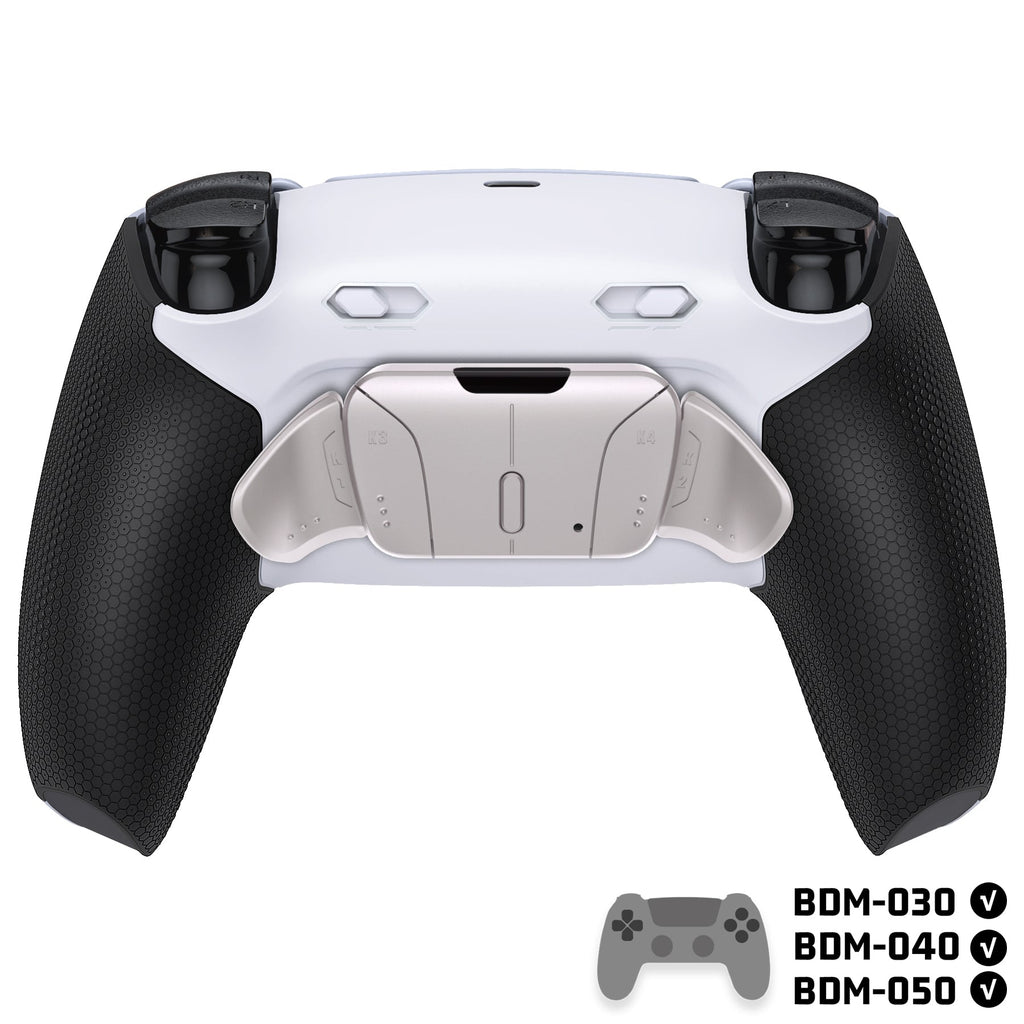 eXtremeRate Real Metal Buttons (RMB) Version RISE4 Plus MAX Back Paddles Kit with Clicky Trigger Stops & Rubberized Grip for PS5 Controller BDM-030/040/050 - White Black - Silver eXtremeRate