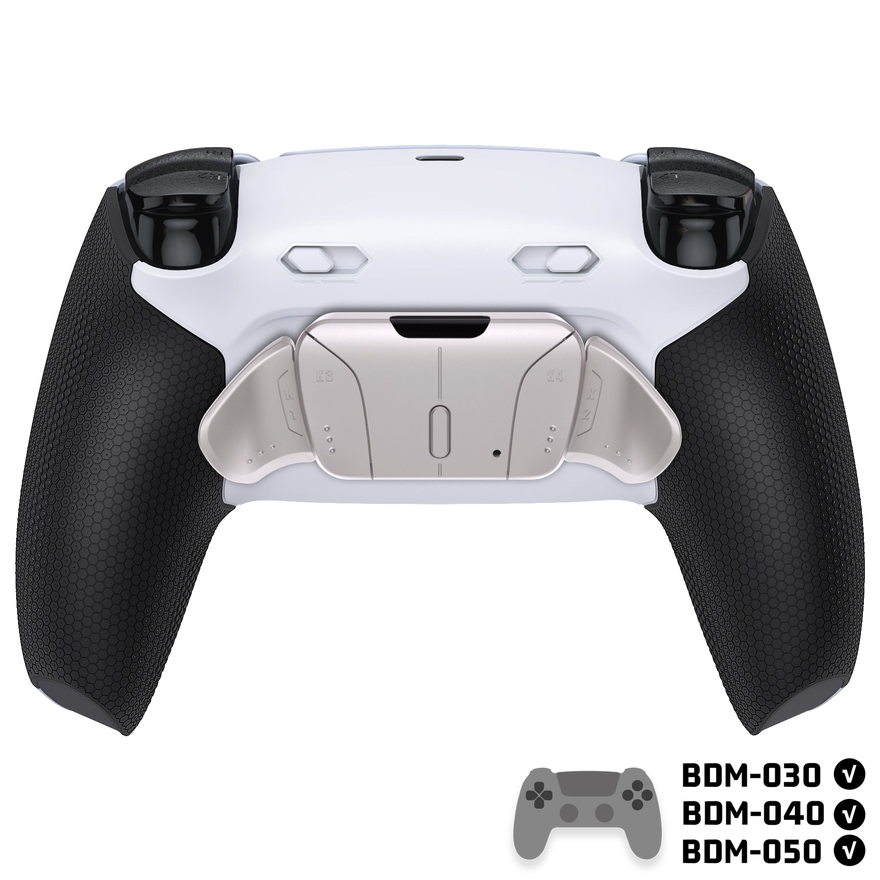 eXtremeRate Real Metal Buttons (RMB) Version RISE4 Plus MAX Back Paddles Kit with Clicky Trigger Stops & Rubberized Grip for PS5 Controller BDM-030/040/050 - White Black - Silver eXtremeRate