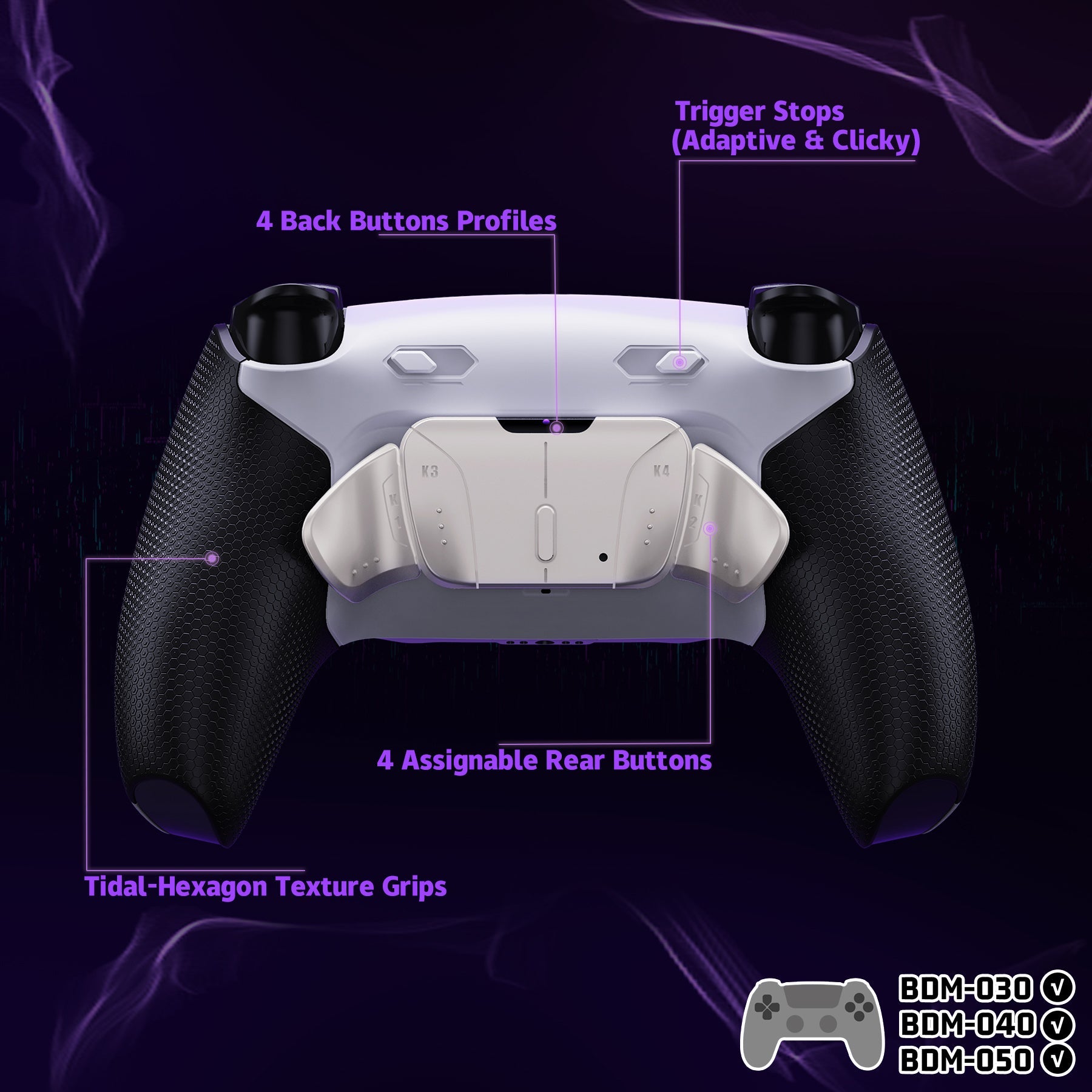eXtremeRate Real Metal Buttons (RMB) Version RISE4 Plus MAX Back Paddles Kit with Clicky Trigger Stops & Rubberized Grip for PS5 Controller BDM-030/040/050 - White Black - Silver eXtremeRate