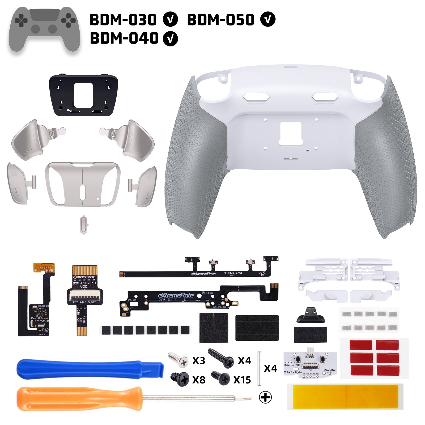 eXtremeRate Real Metal Buttons (RMB) Version RISE4 Plus MAX Back Paddles Kit with Clicky Trigger Stops & Rubberized Grip for PS5 Controller BDM-030/040/050 - White Gray - Silver eXtremeRate