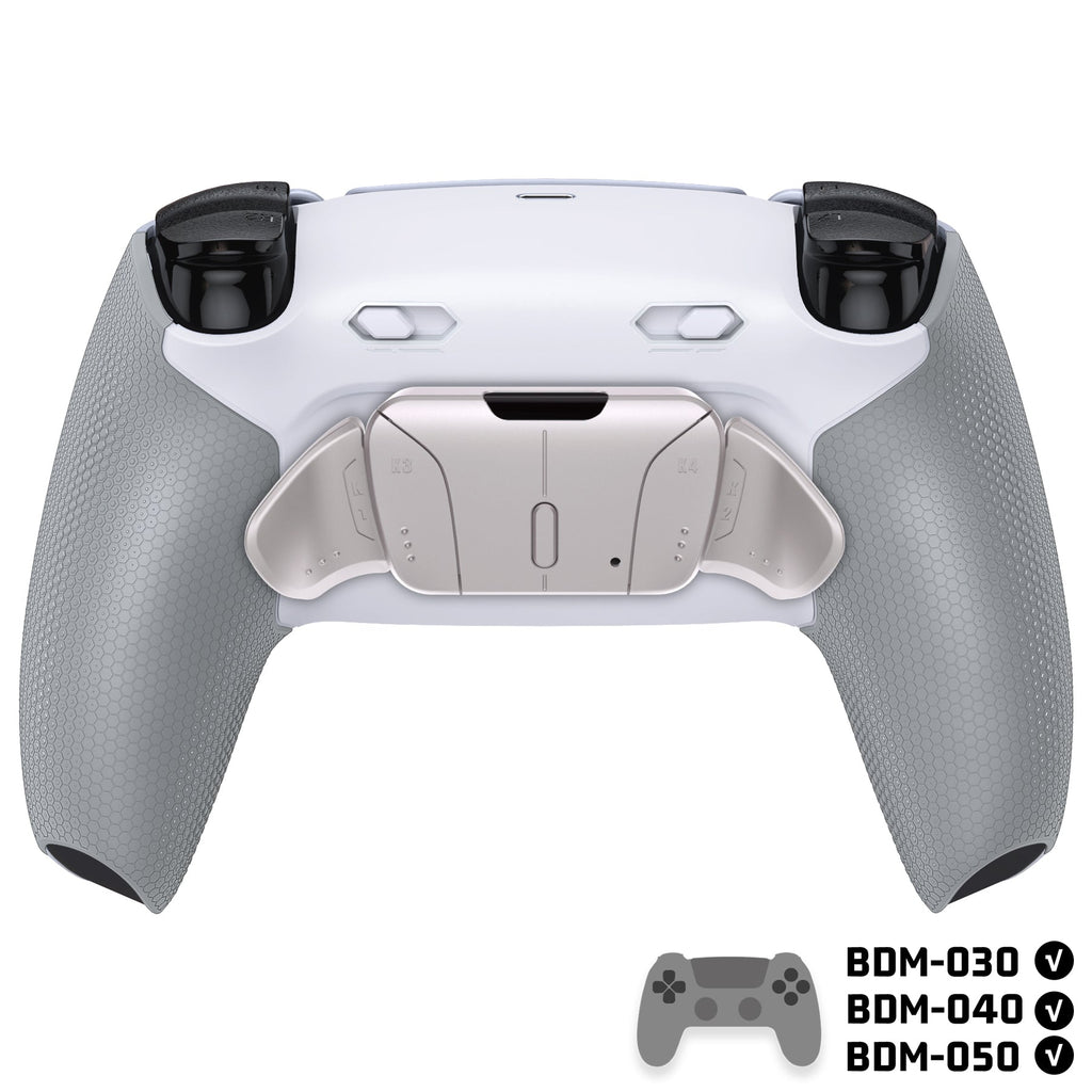eXtremeRate Real Metal Buttons (RMB) Version RISE4 Plus MAX Back Paddles Kit with Clicky Trigger Stops & Rubberized Grip for PS5 Controller BDM-030/040/050 - White Gray - Silver eXtremeRate