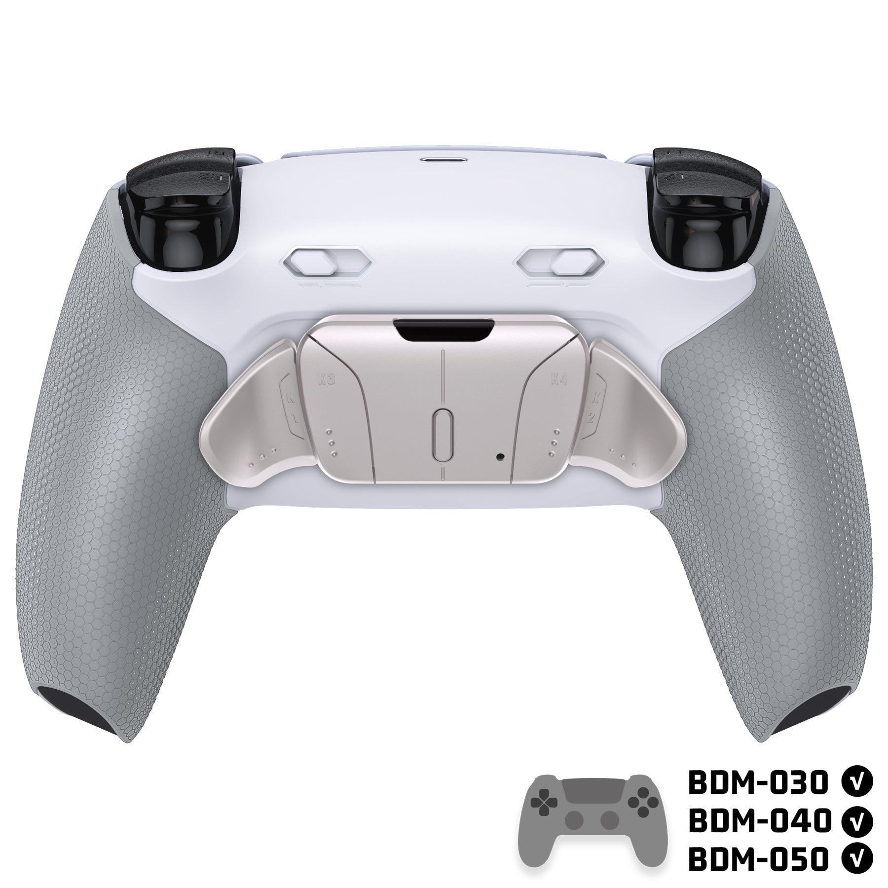 eXtremeRate Real Metal Buttons (RMB) Version RISE4 Plus MAX Back Paddles Kit with Clicky Trigger Stops & Rubberized Grip for PS5 Controller BDM-030/040/050 - White Gray - Silver eXtremeRate