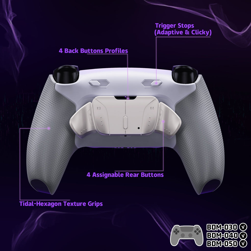 eXtremeRate Real Metal Buttons (RMB) Version RISE4 Plus MAX Back Paddles Kit with Clicky Trigger Stops & Rubberized Grip for PS5 Controller BDM-030/040/050 - White Gray - Silver eXtremeRate