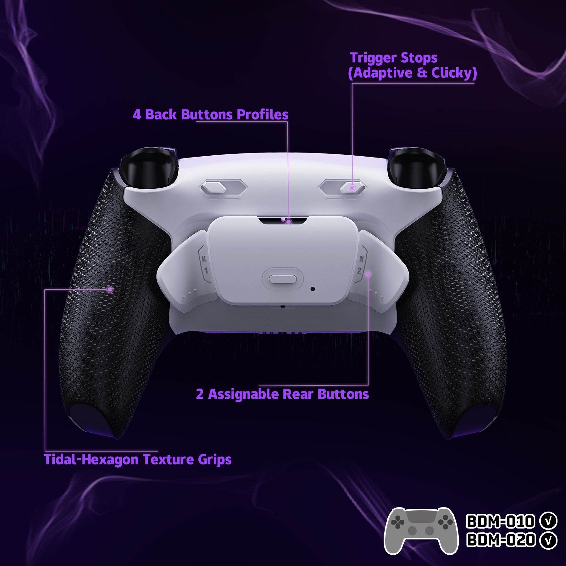 eXtremeRate RISE Plus MAX Back Paddles Kit with Clicky Trigger Stops & Rubberized Grip for PS5 Controller BDM-010/020 - White Black - White eXtremeRate