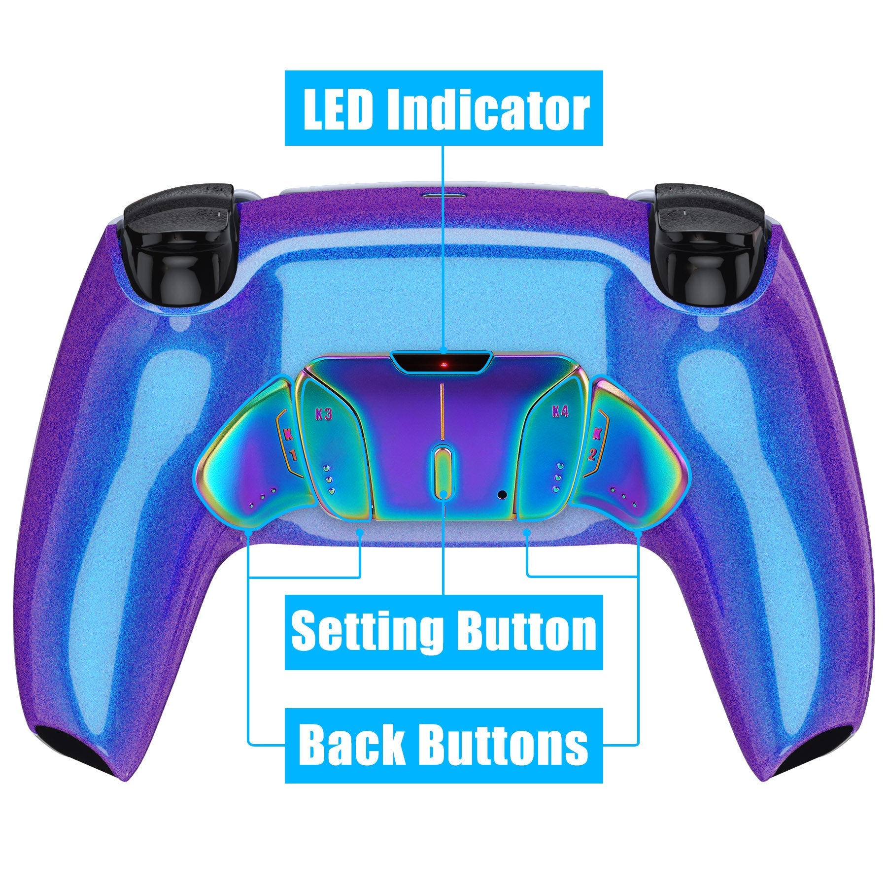 eXtremeRate Rainbow Aura Blue & Purple Real Metal Buttons (RMB) Version RISE4 Remap Kit for PS5 Controller BDM-030/040/050 - Chameleon Purple Blue eXtremeRate