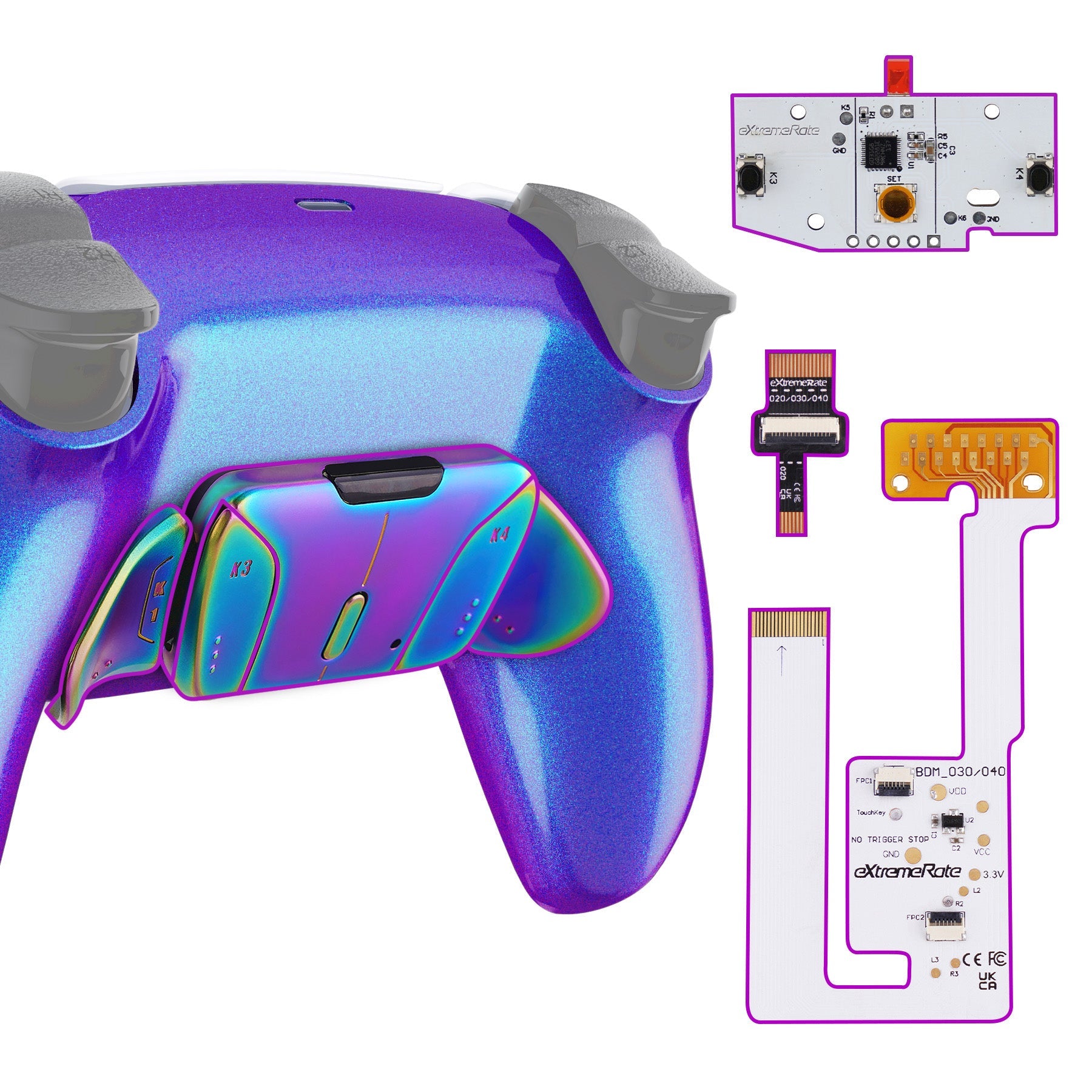 eXtremeRate Rainbow Aura Blue & Purple Real Metal Buttons (RMB) Version RISE4 V3 Remap Kit for PS5 Controller BDM-030/040/050 - Chameleon Purple Blue eXtremeRate