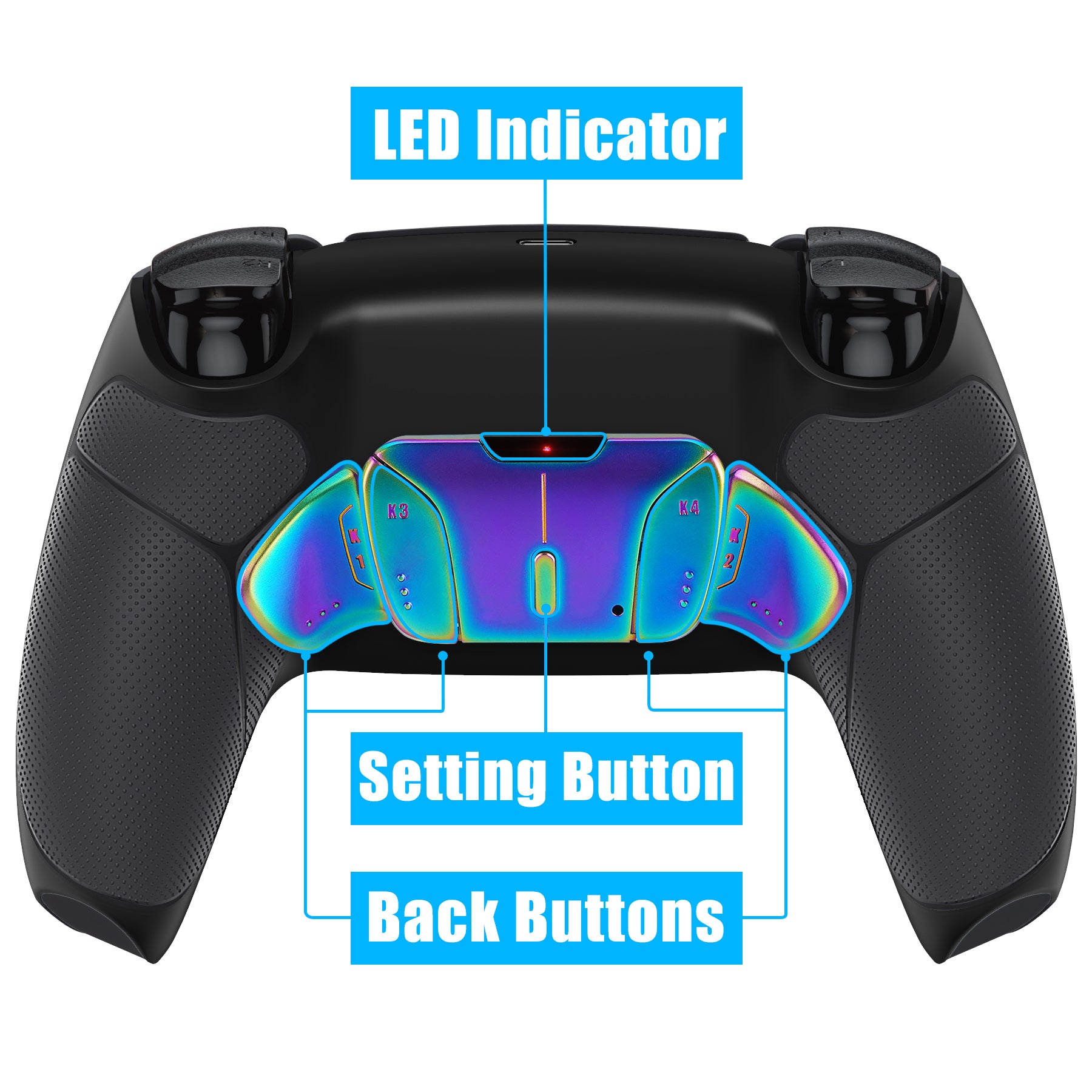 eXtremeRate Rainbow Aura Blue & Purple Real Metal Buttons (RMB) Version RISE4 V3 Remap Kit for PS5 Controller BDM-030/040/050 - Rubberized Black eXtremeRate