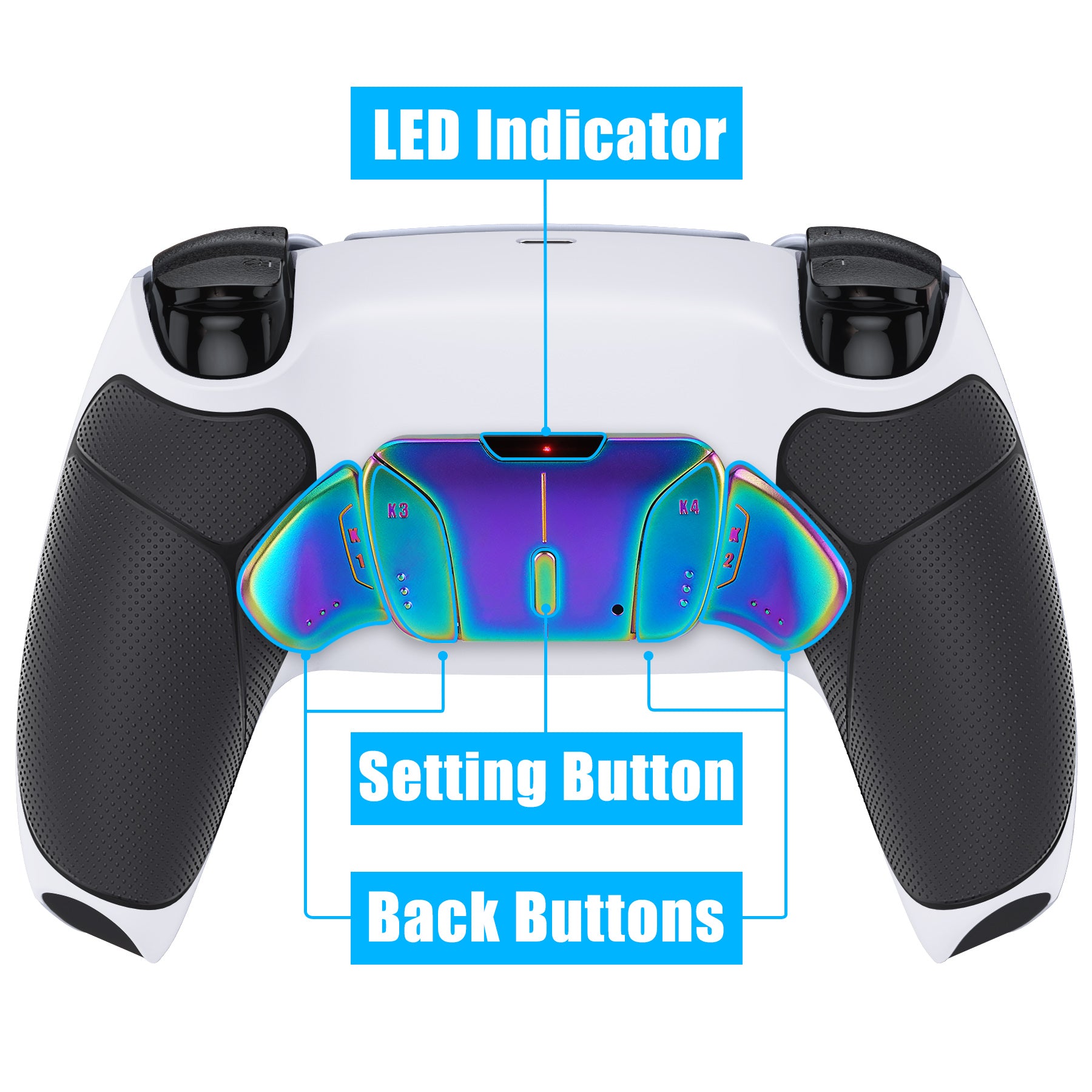 eXtremeRate Rainbow Aura Blue & Purple Real Metal Buttons (RMB) Version RISE4 V3 Remap Kit for PS5 Controller BDM-030/040/050 - Rubberized White Black eXtremeRate