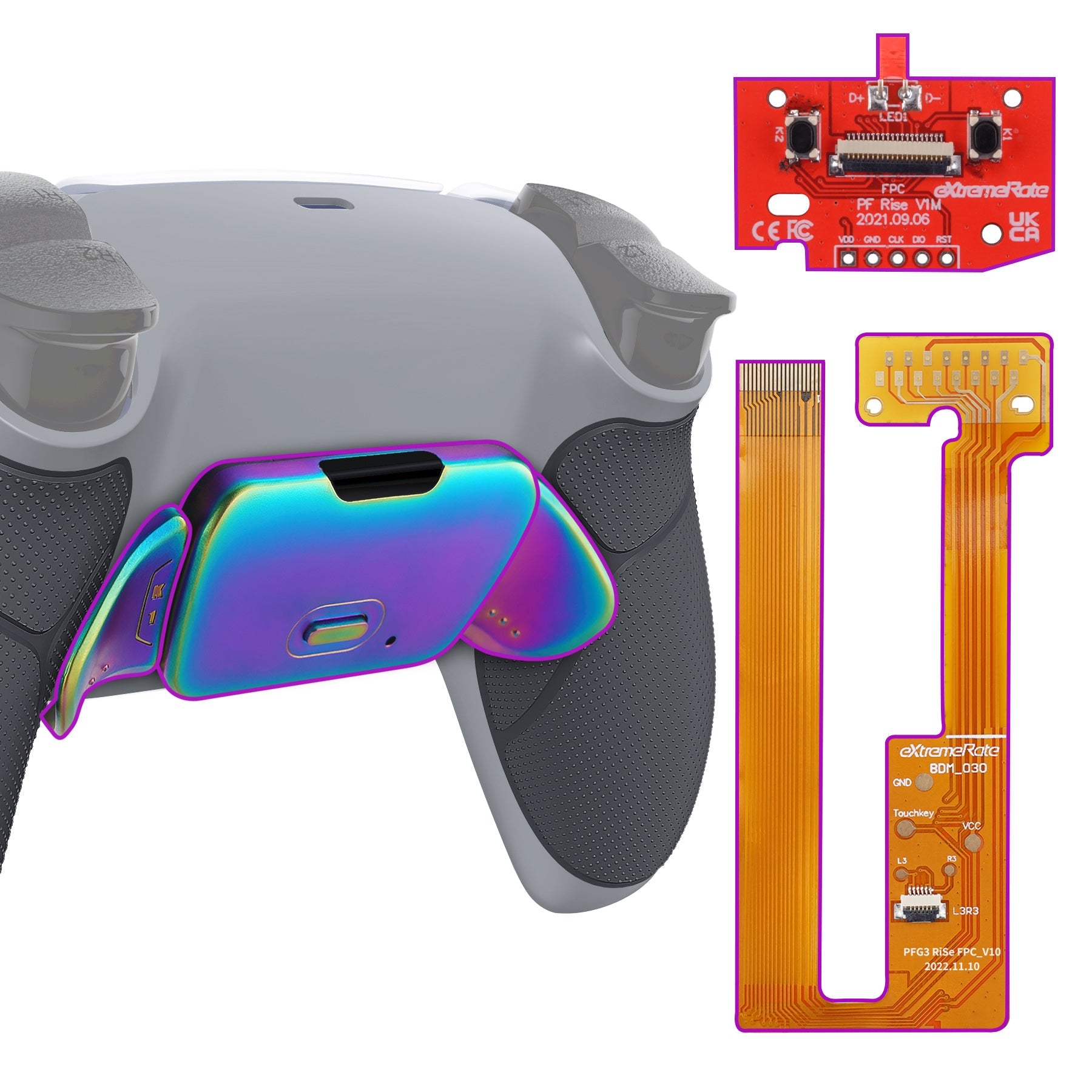 eXtremeRate Rainbow Aura Blue & Purple Real Metal Buttons (RMB) Version RISE Remap Kit for PS5 Controller BDM-030/040/050 - Rubberized New Hope Gray & Classic Gray eXtremeRate