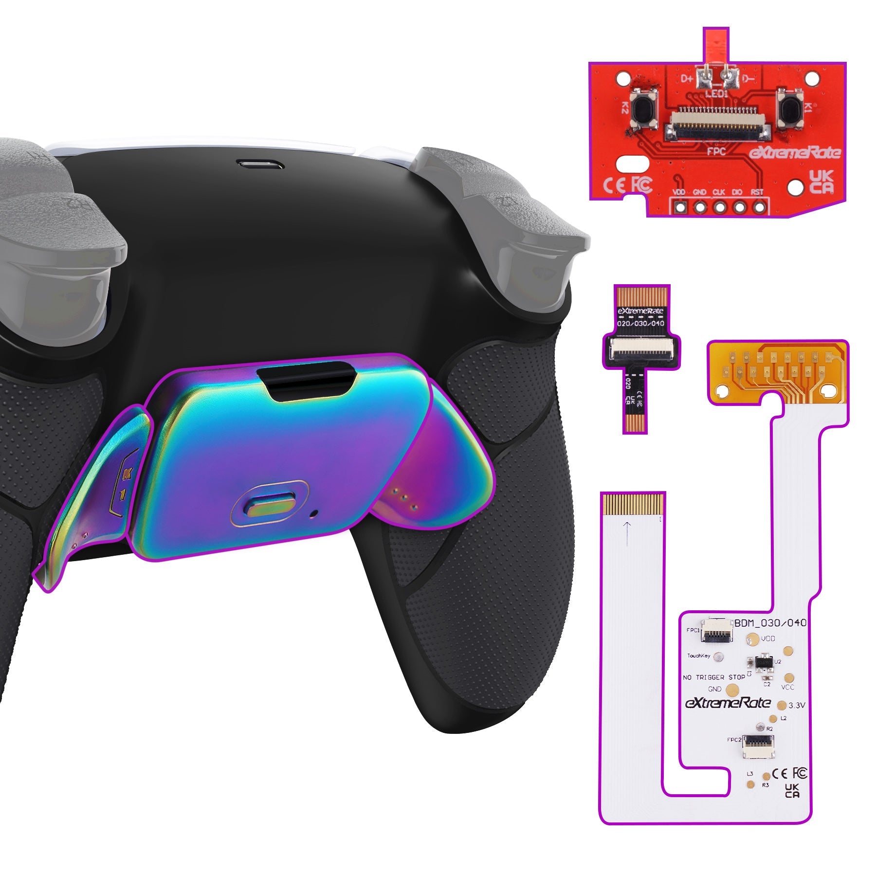 eXtremeRate Rainbow Aura Blue & Purple Real Metal Buttons (RMB) Version RISE V3 Remap Kit for PS5 Controller BDM-030/040/050 - Rubberized Black eXtremeRate