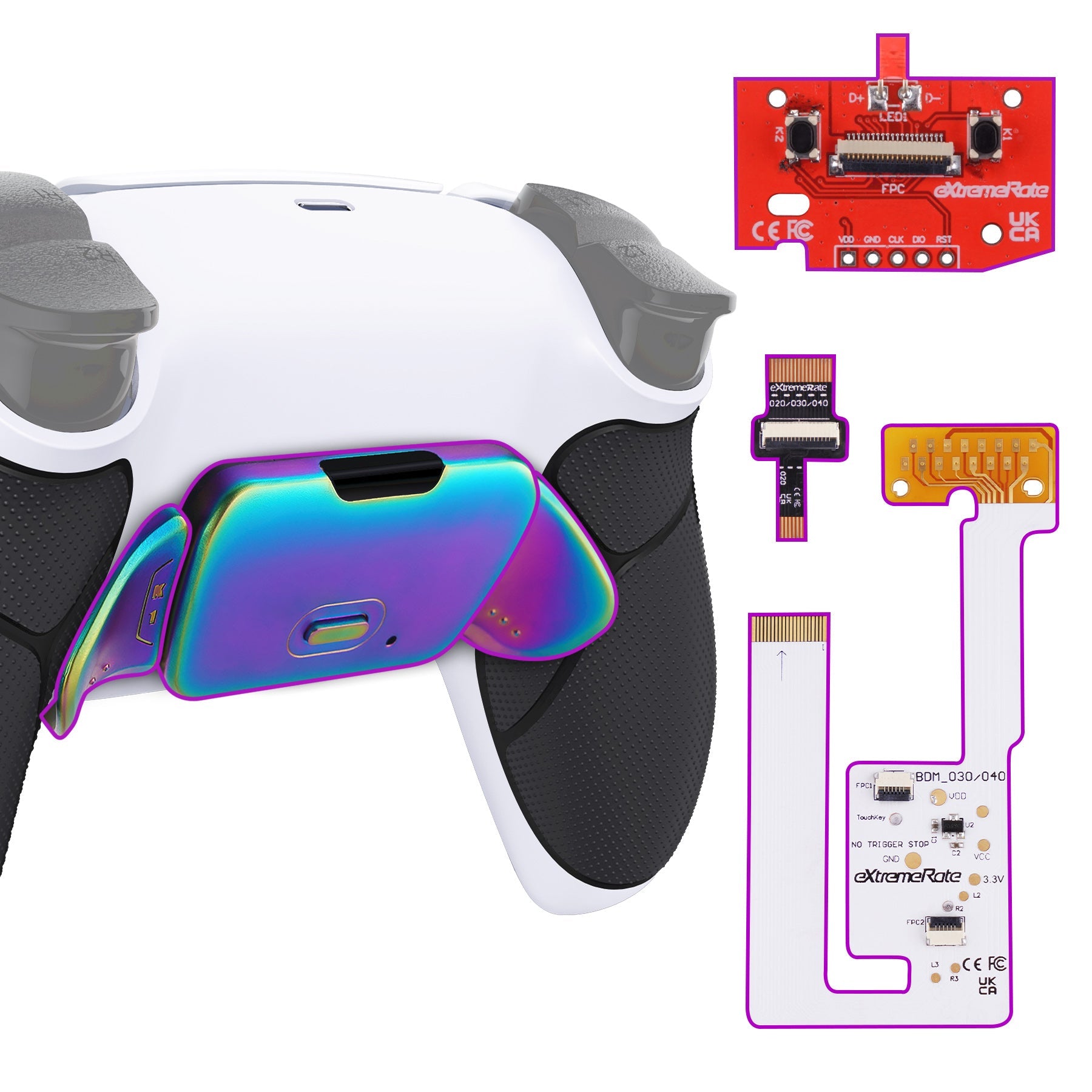 eXtremeRate Rainbow Aura Blue & Purple Real Metal Buttons (RMB) Version RISE V3 Remap Kit for PS5 Controller BDM-030/040/050 - Rubberized White Black eXtremeRate